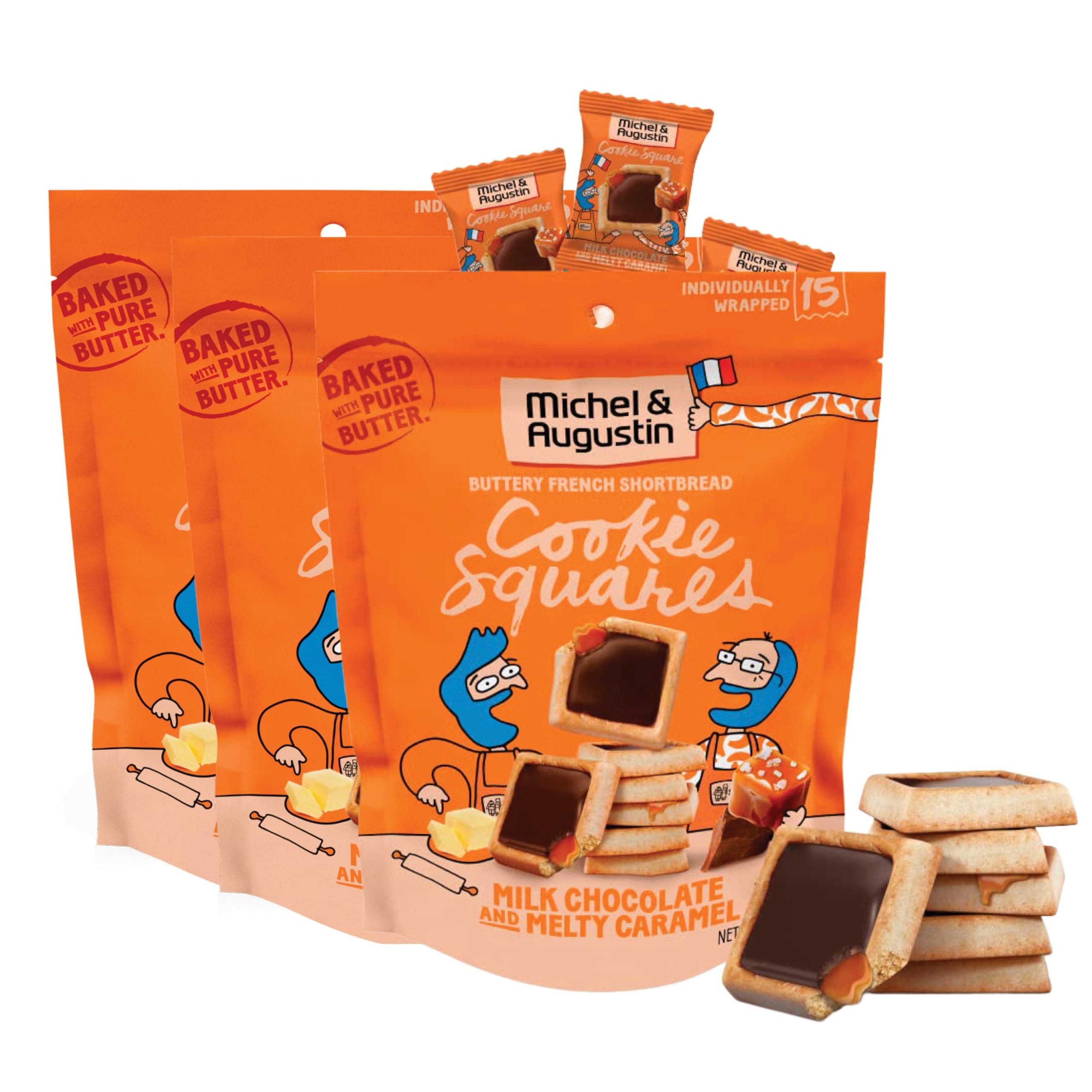 - Michel et Augustin Cookies, Individually Wrapped Snacks, 3 Pack, Gourmet Milk Chocolate & Caramel Shortbread, 15 French Butter Cookies per bag