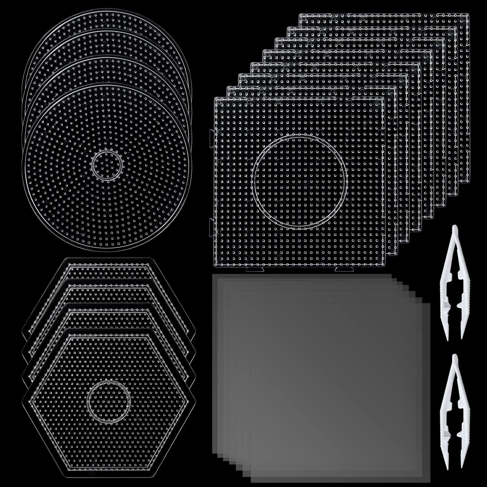 FVIEXE 16PCS 5mm Fuse Beads Pegboards, Large Plastic Bead Pegboard with 2 Beads Tweezers and 6 Ironing Paper, Peg Fuse Melty Beads Boards Kit for DIY Craft Beads, 8 Square, 4 Round, 4 Hexagon