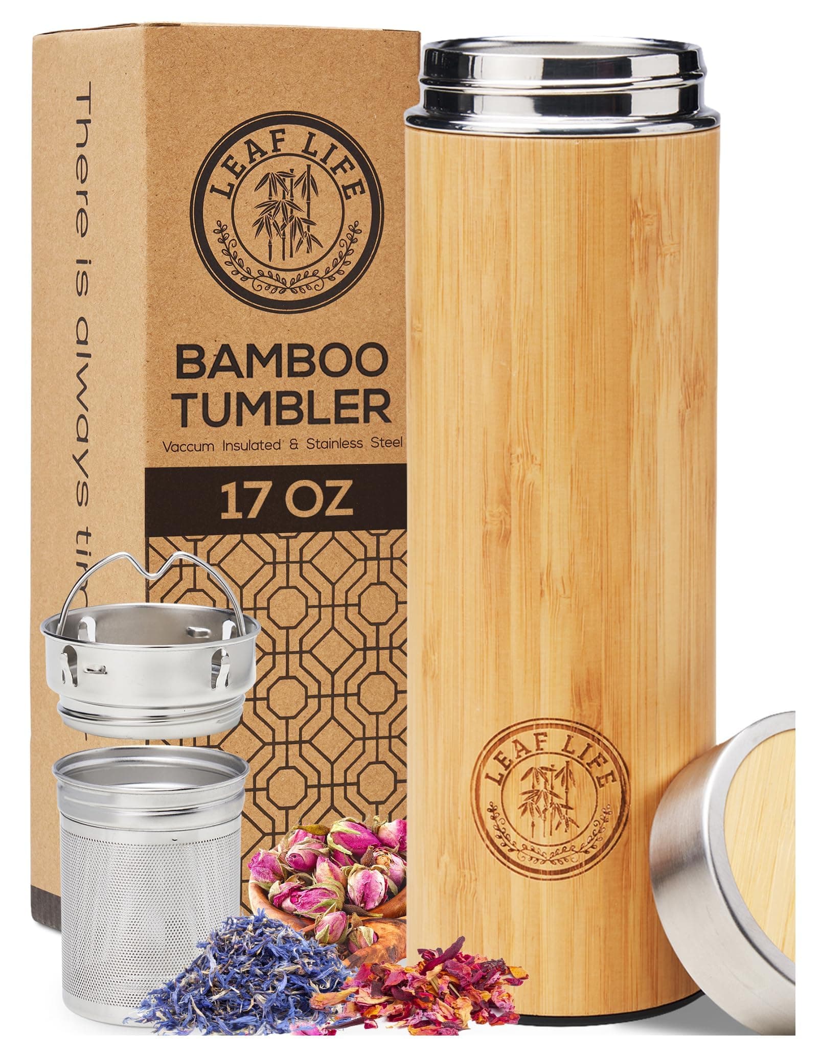 Premium Bamboo Tea Bottle for Loose Tea - Tea Infuser Bottle - Tea Gifts - Insulated Water Bottle/Coffee Tumbler/Tea - Tea Gift Set, Tea Accessories - Tea Tumbler 17oz