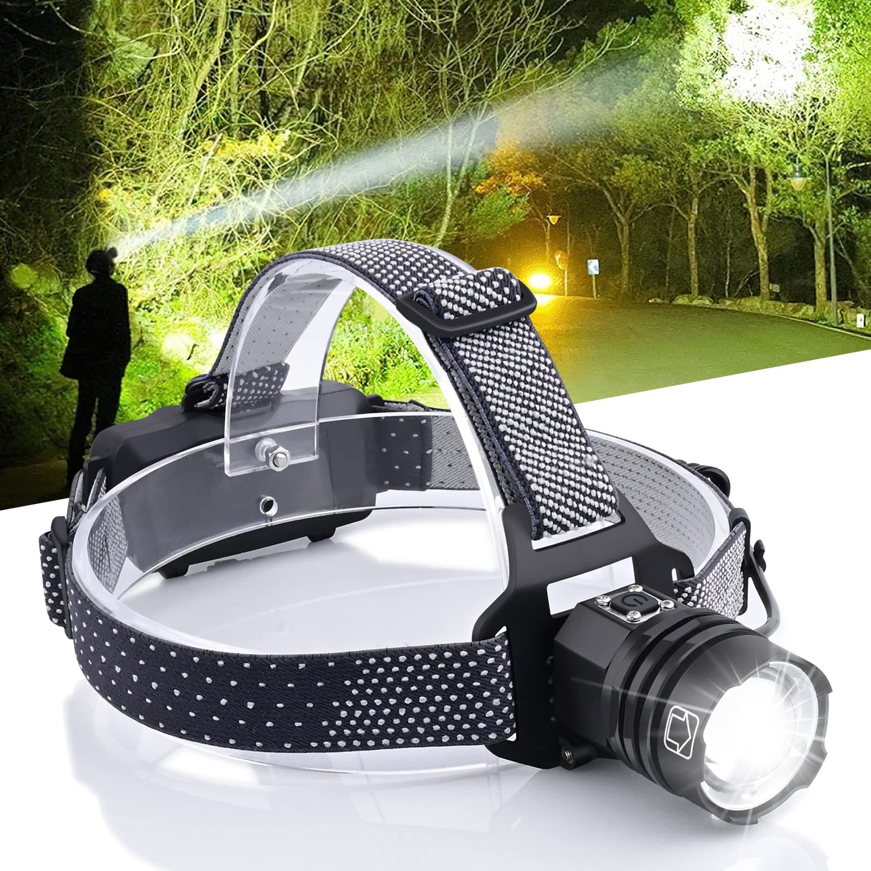 Aikertec LED Headlamp Rechargeable, 2000 Lumens Bright Flashlight, Zoomable, Waterproof Head lamp for Adult, for Outdoor Camping, Running, Fishing