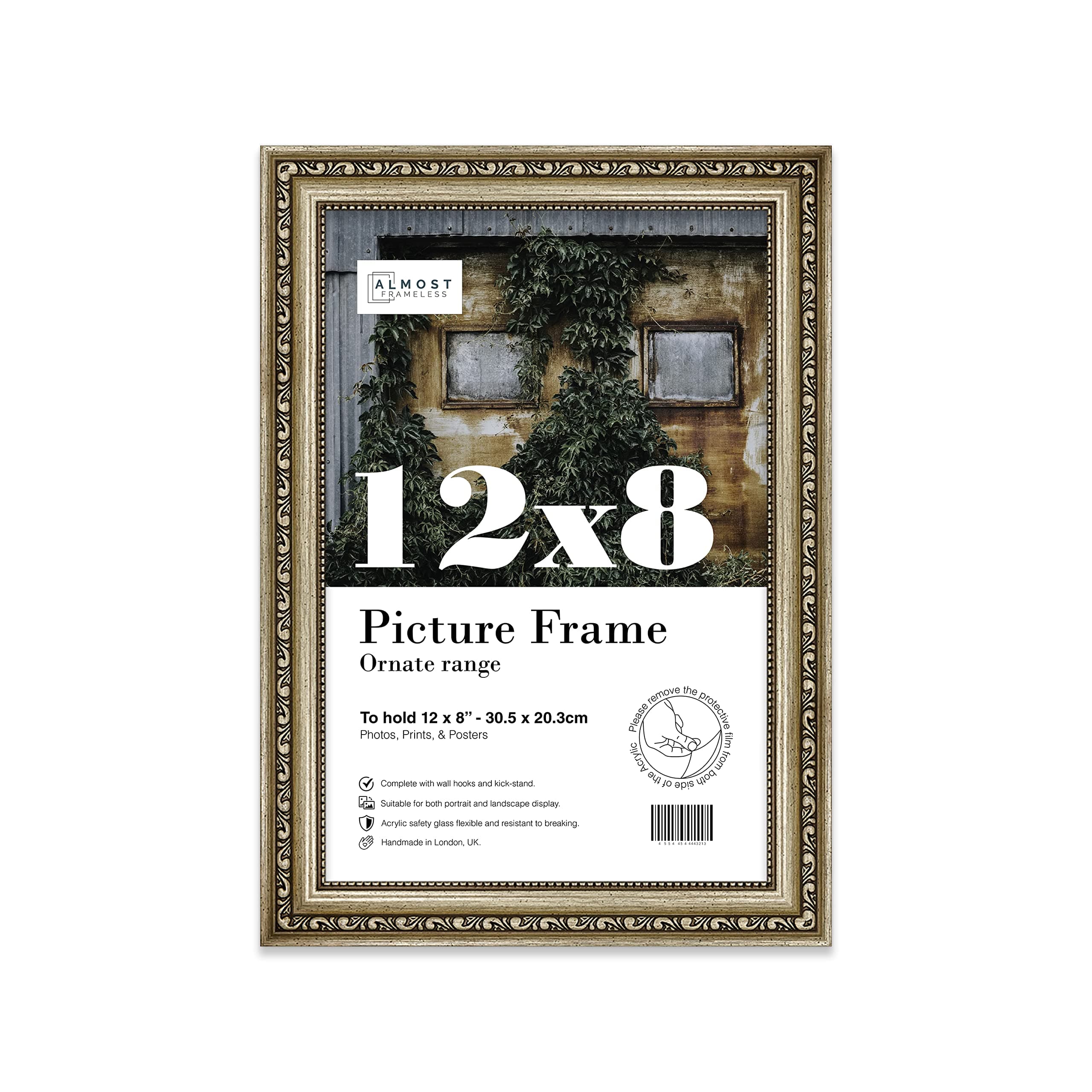 Almost Frameless 12x8 Champaign Ornate Picture Frame 12"x8"(30.5x20.3cm) Poster, Photo, Artwork, or Print. Opulent Style Portrait and Landscape Display with Wall Hooks