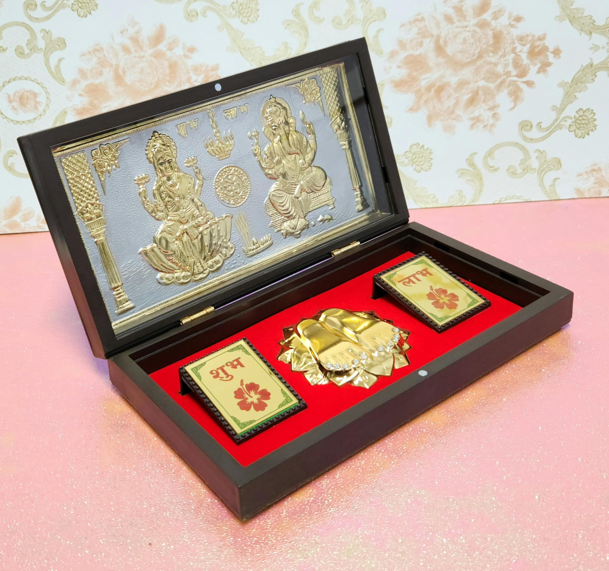 Laxmi Ganpati OM Gold Plated Photo Frame with Charan Paduka Pocket Temple for Diwali Gift,House Warming Gifts Return Gift Puja Box (Laxmi Ganpati OM)
