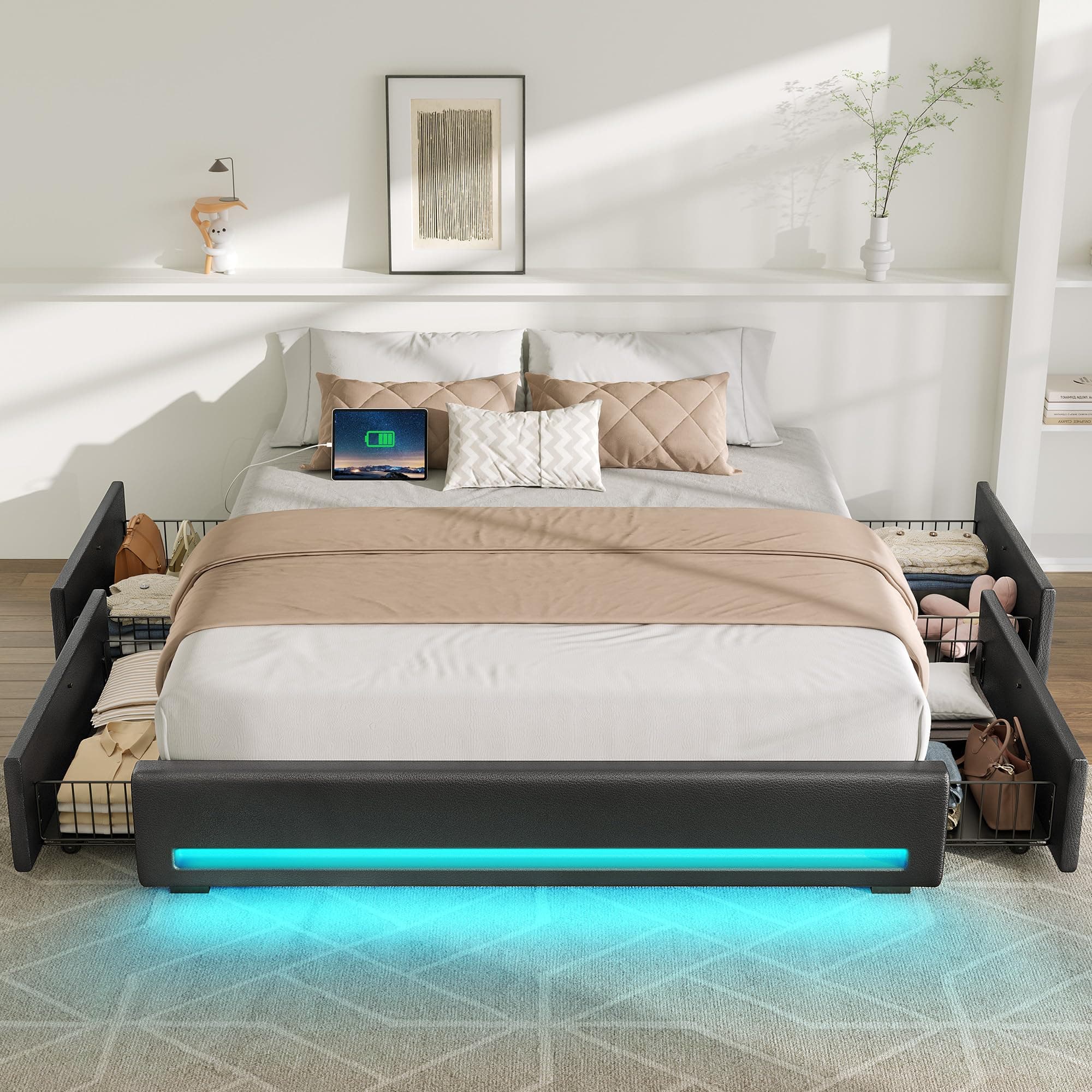 Rolanstar Queen Size Bed Frame with 4 Storage Drawers & Charging Station, Upholstered Platform Bed with LED Light, Heavy Metal Slats Support, No Box Spring Needed, Noise Free, Easy Assembly, Black