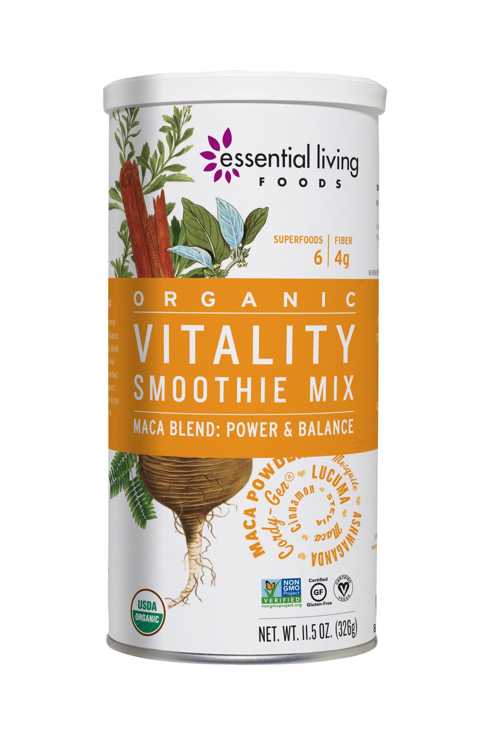 Essential Living Foods Organic Vitality Maca Blend Smoothie Mix, With Ashwagandha, Cordy-Gen, Mesquite, Lucuma, Adaptogen, Vegan, Superfood, Non-GMO, Gluten Free, Kosher, 11.5 Ounce Tin