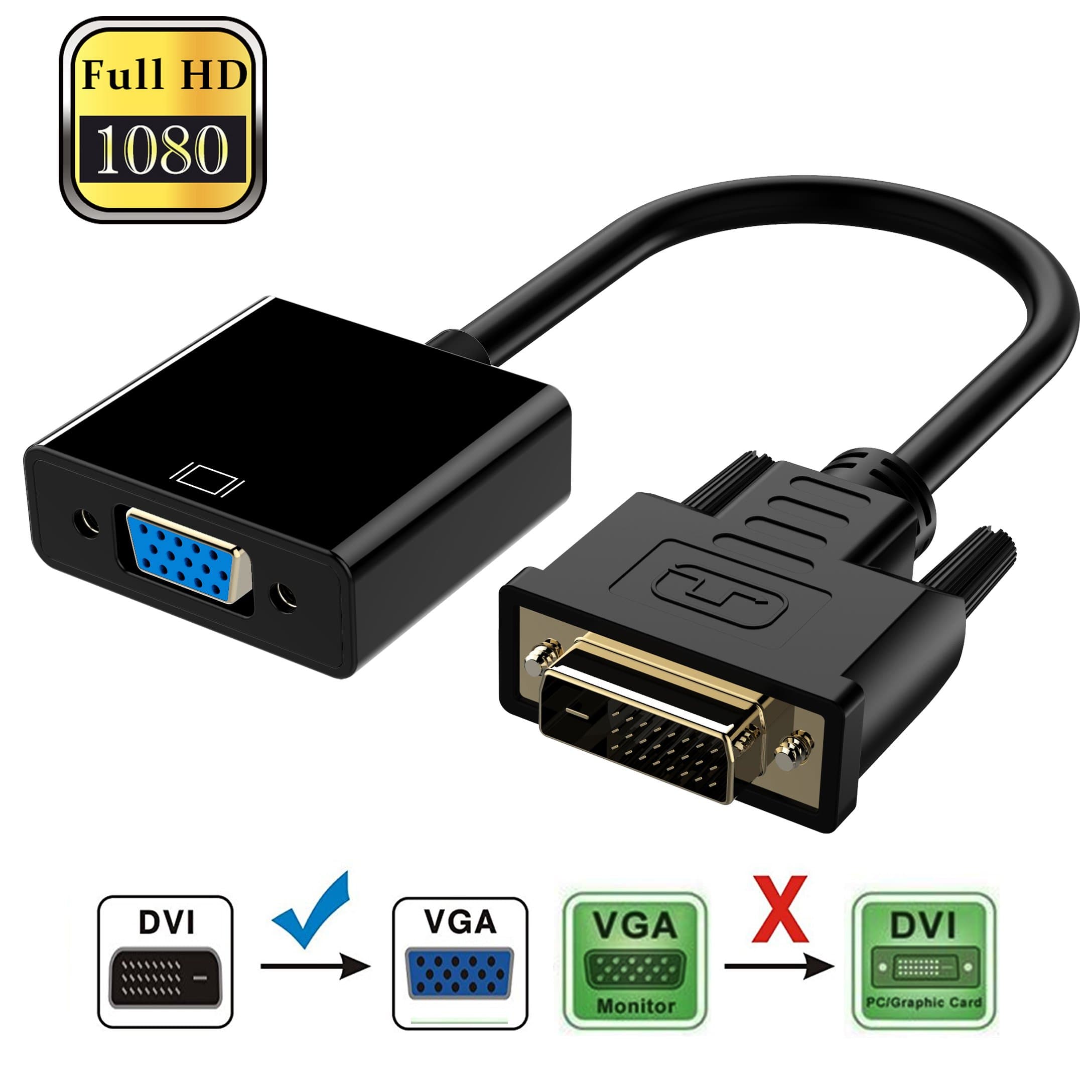 Elqizzx DVI to VGA Adapter, Active DVI 24+1 DVI-D Dual Link to VGA Male to Female 1080P Video Cable Converter for Gaming, DVD, Laptop, HDTV Projector and Other DVI Enabled Devices