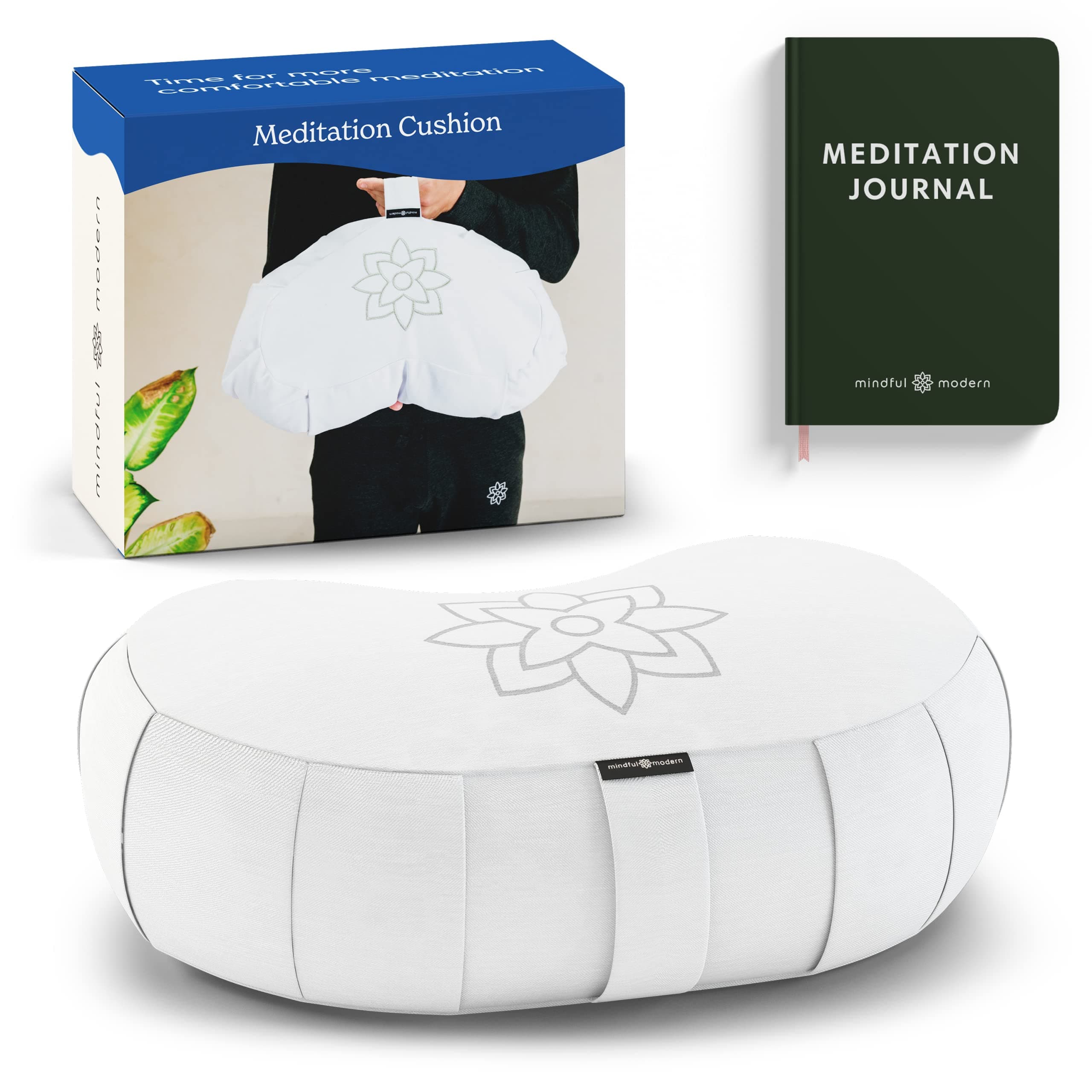 Mindful & Modern Large Meditation Cushion | Zafu Yoga Bolster Meditation Floor Pillow Seat | Buckwheat Hull Filled Crescent Shaped Cushion with Removable Washable Cover + Carry Handle | White