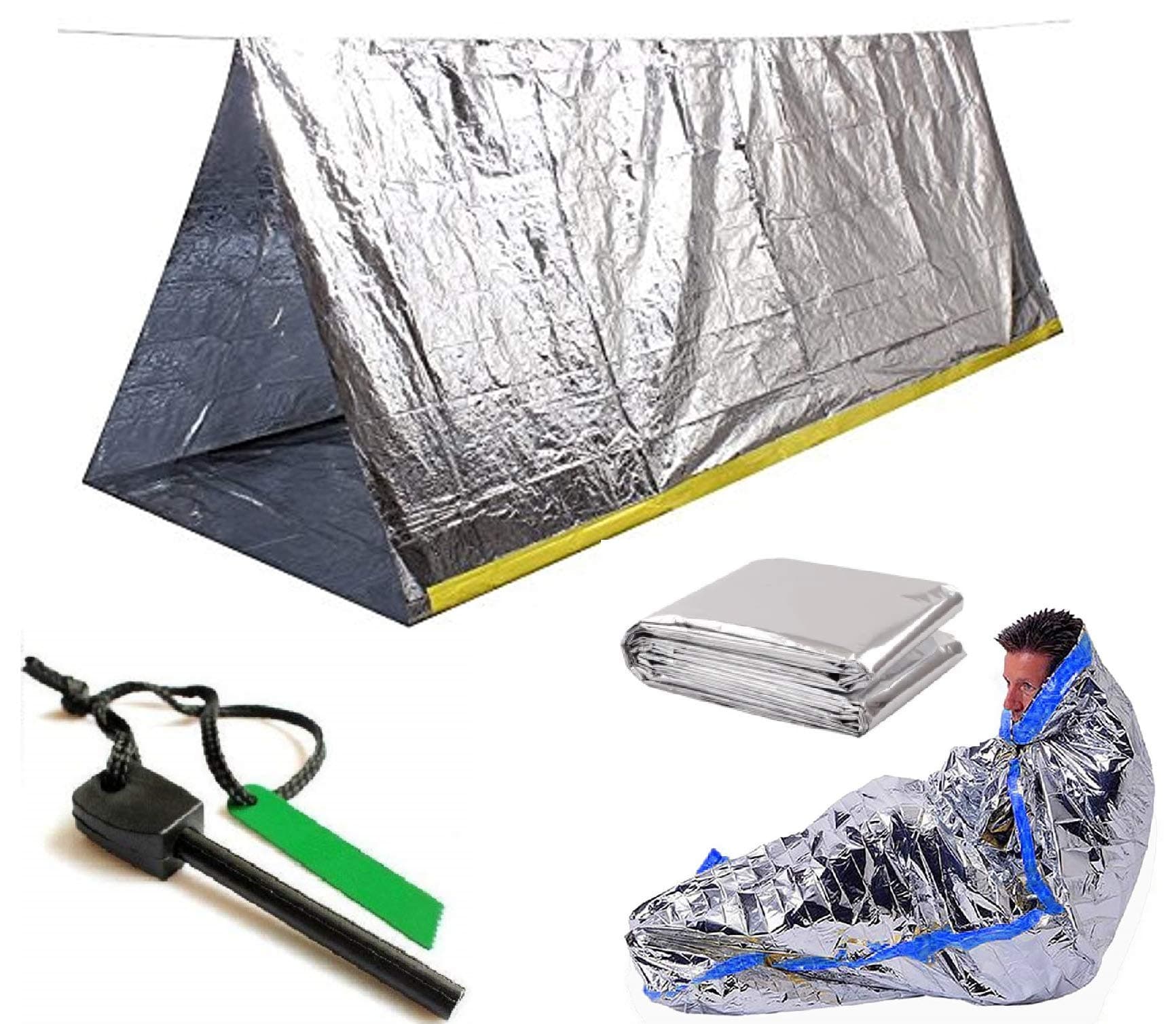 Survival Shelter Kit with Free Fire Starter 4 Piece Mylar Thermal Tent, Blanket and Sleeping Bag is Best for Camping, Hiking, Survival Gear or Your Emergency Kit.