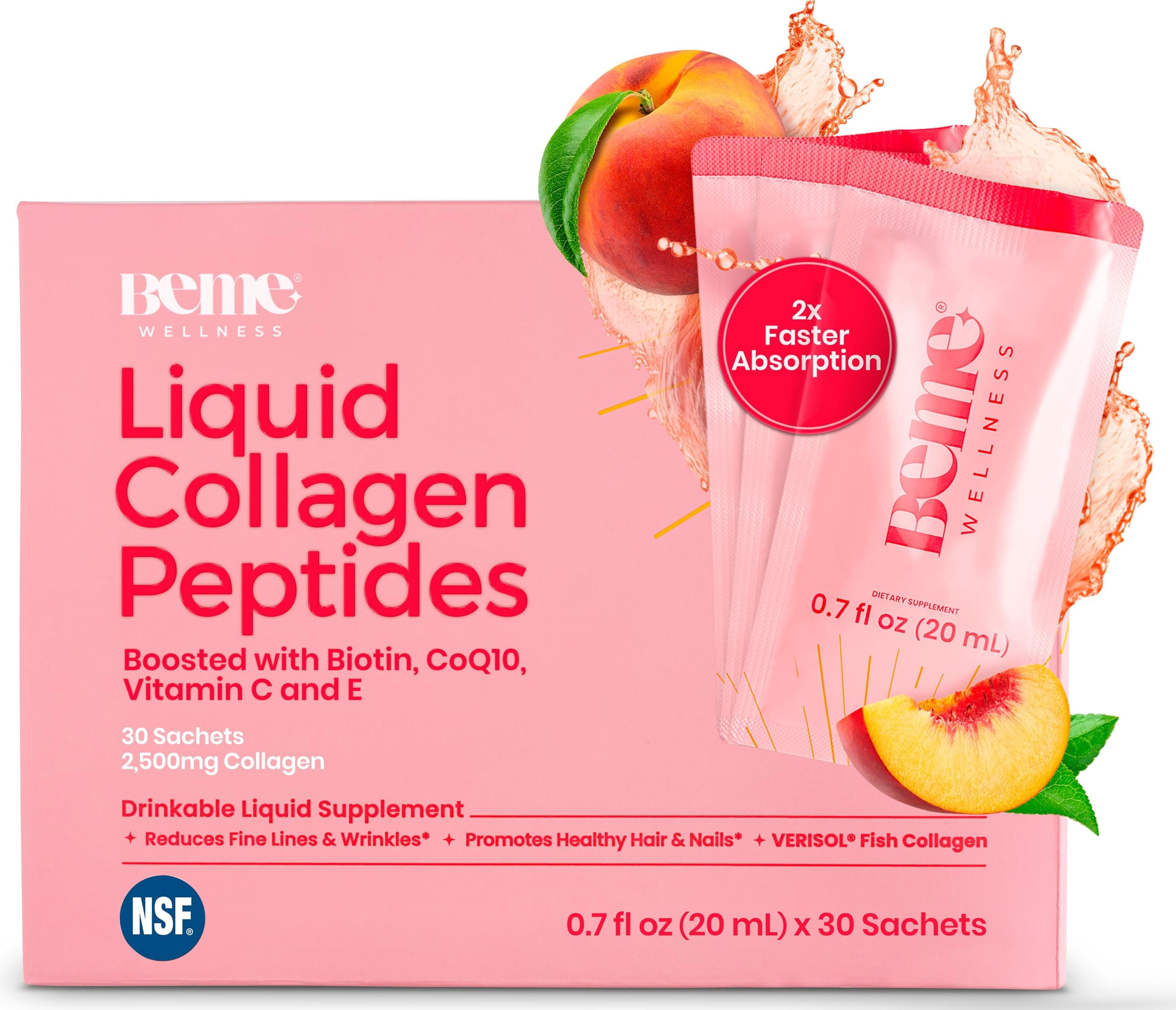 BeRadiant Liquid Collagen Peptide for Hair, Skin & Nails with 2X Faster Absorption – Clinically Tested – 2500mg Verisol® Hydrolyzed Collagen Supplements for Women with Biotin, CoQ10 & Vitamin C