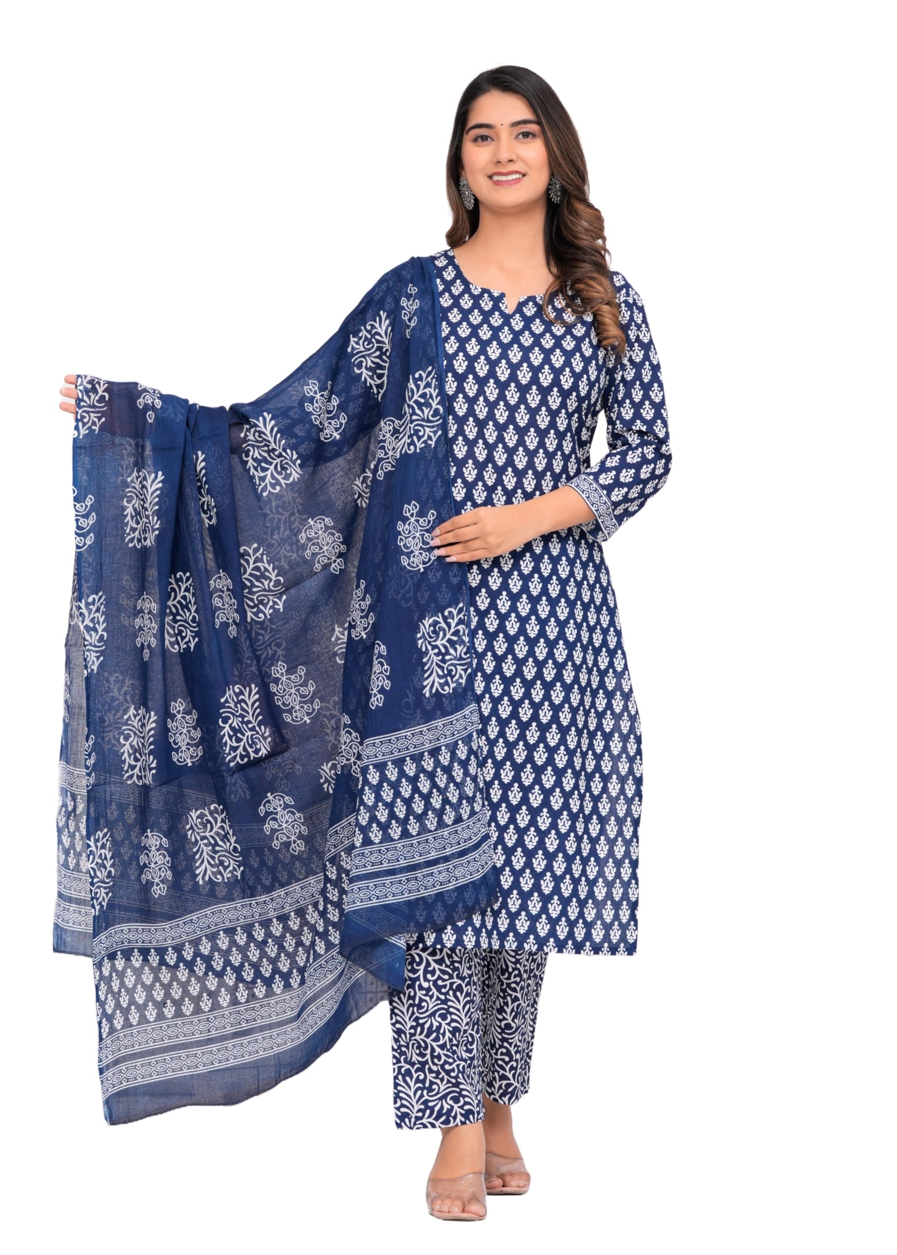 Meera Fab Women's Cotton Printed Straight Kurta With Palazzo & Dupatta Set