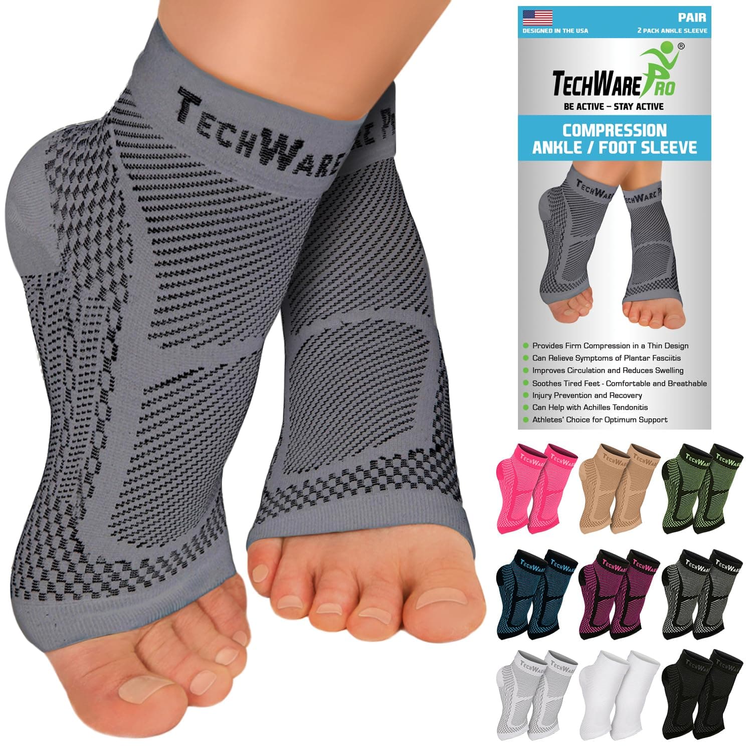 TechWare Pro Ankle Brace Compression Sleeve - Plantar Fasciitis Sock. Relieves Achilles Tendonitis. Foot Arch Support Reduces Joint Pain, Swelling & Heel Spur Pain. Injury Recovery Braces for Sports