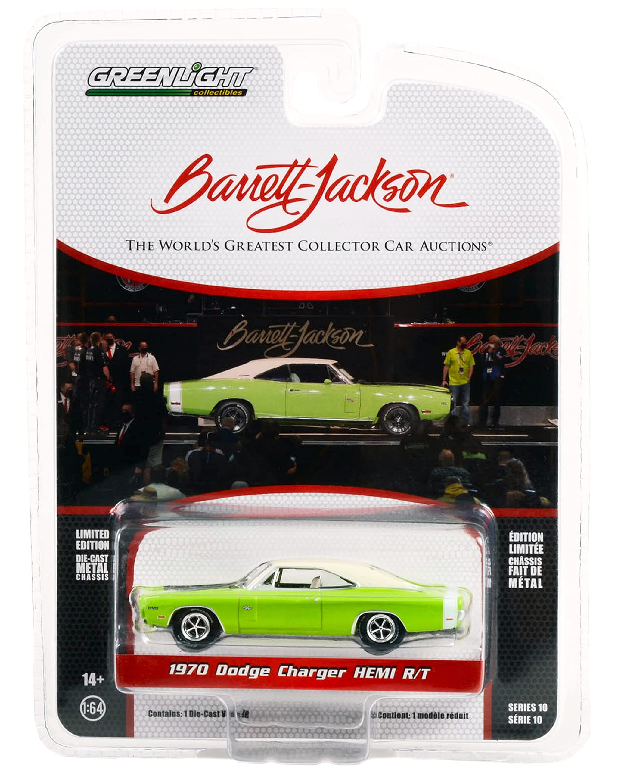 Toy Cars 1970 Charger HEMI R/T Sublime Green w/White Roof & White Tail Stripe (Lot #777) Barrett-Jackson Series 10 1/64 Diecast Model Car by Greenlight 37260 E