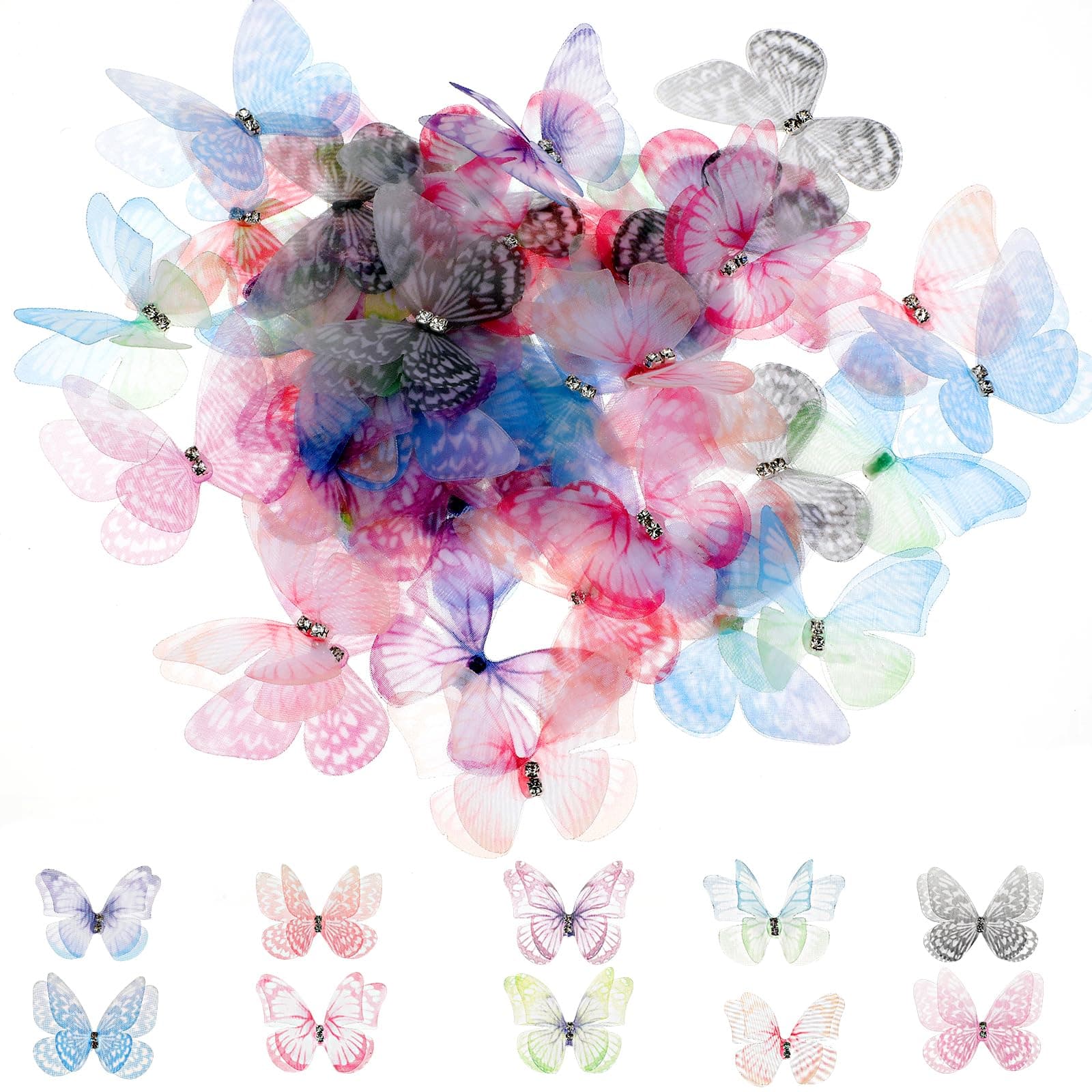 60 Pcs Butterflies for Crafts, Organza Fabric Butterfly Appliques Colorful 3D Lace Butterfly 2 Layers Wall Decoration for DIY Wedding Party Decoration Clothes Ornament Home Decor, 10 Styles