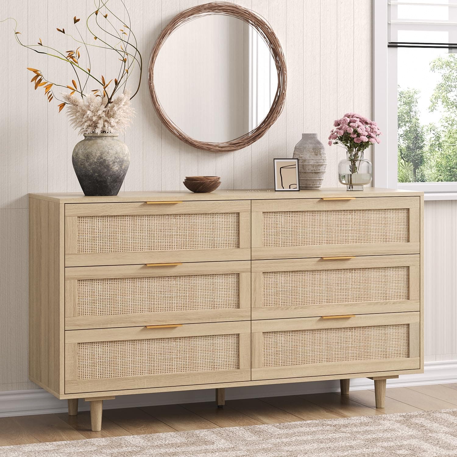 Angel Sar 51" Rattan Dresser for Bedroom, 6 Drawer Wide Dresser, Boho&Farmhouse Chest of Drawers, Clothes Storage Cabinet, Metal Handle&Wood Legs for Hallway, Living Room, Bedroom, Wood