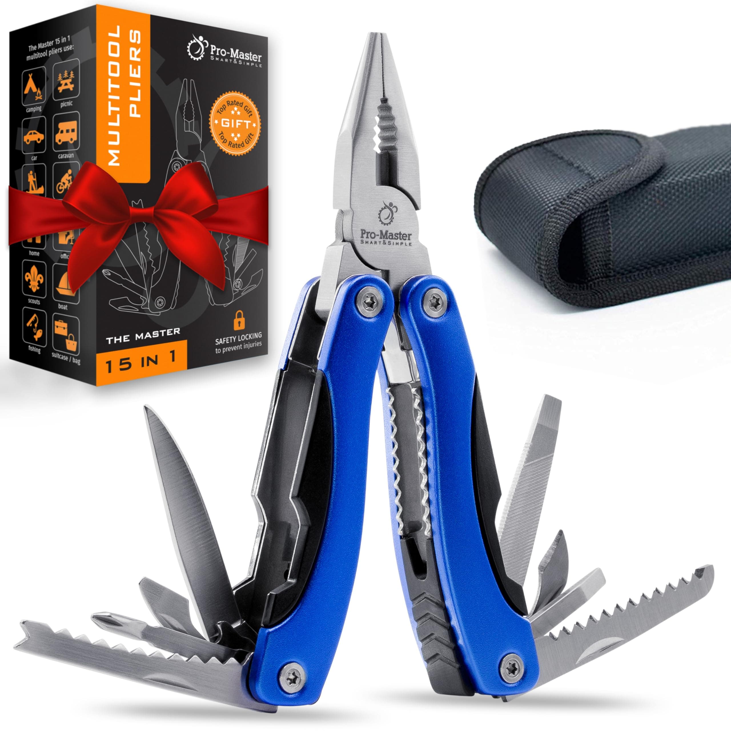 15-in-1 Multitool with Safety Locking, Stainless Steel Pocket Knife & Pliers, Compact EDC Multi Tool for Camping, Hiking, Fishing, Outdoors, Survival, Gift for Men, Father, Husband, Boyfriend