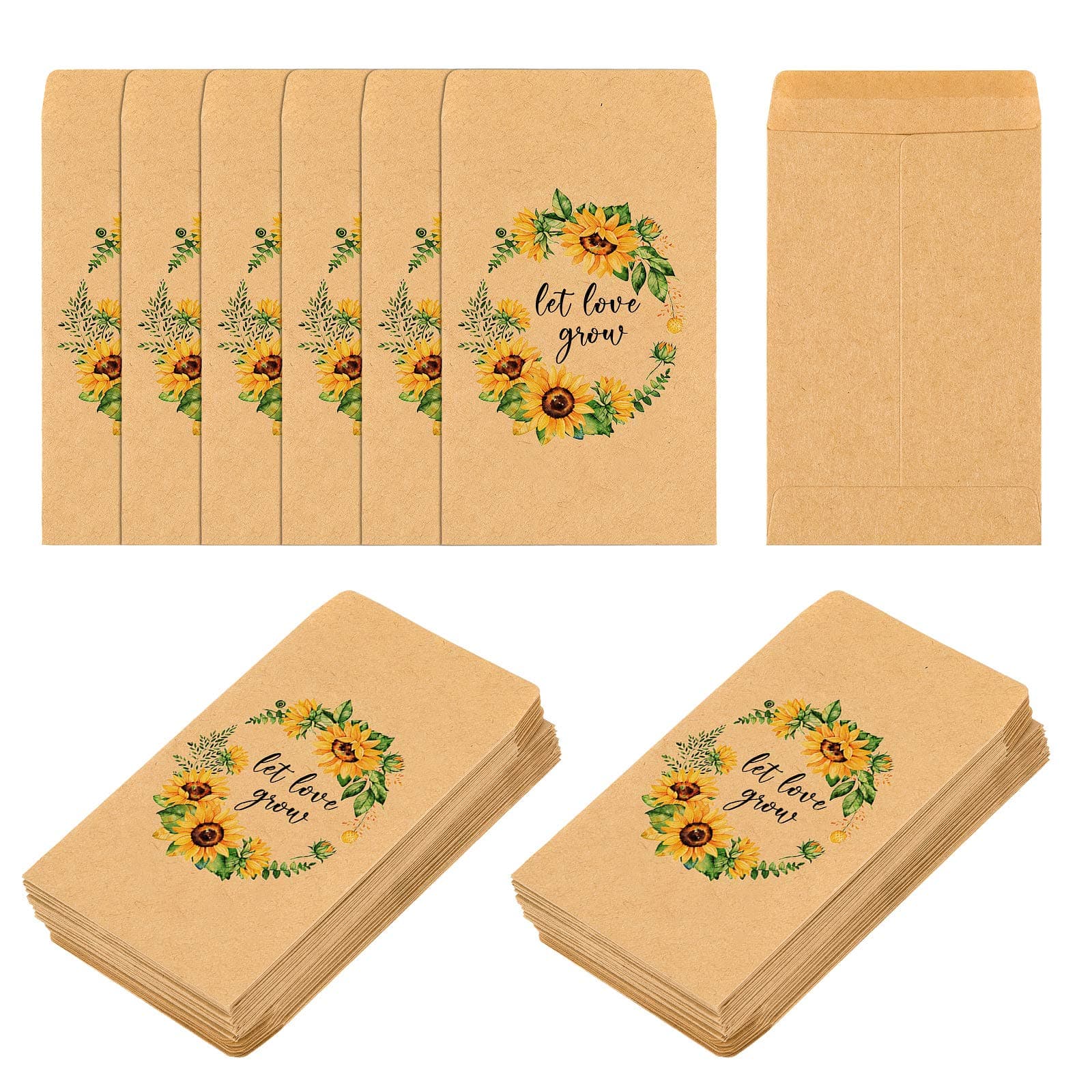 CINPIUKWedding Favor Seed Packets, 100PCS Let Love Grow Self Adhesive Seed Packets Retro Kraft Envelopes Seeds Storage Paper Packets for Rustic Sunflower Wedding Baby Shower Favors