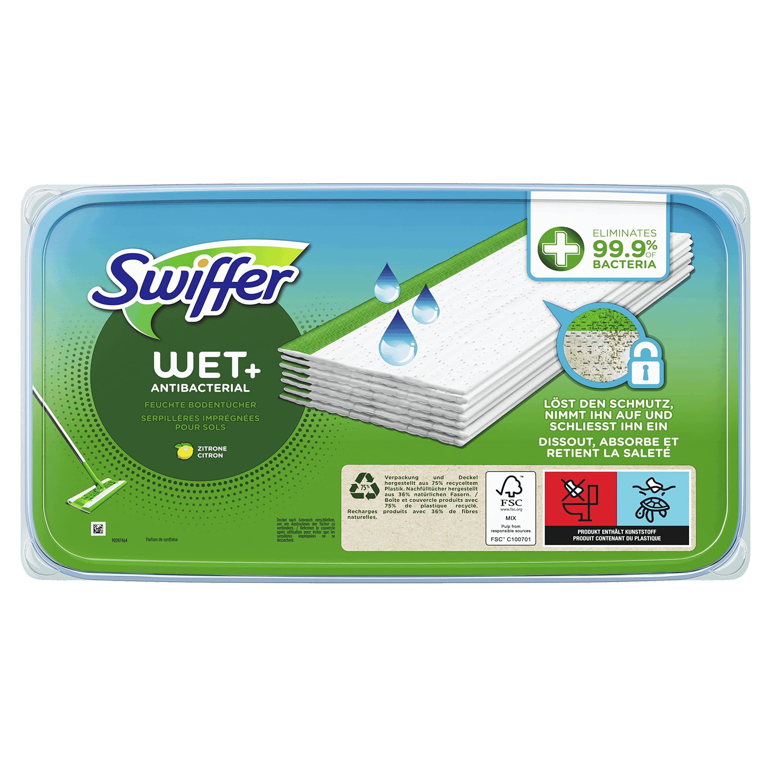 Antibacterial moist floor cloths, pack of 10, remove 99.9% of bacteria, quick & easy floor wiping