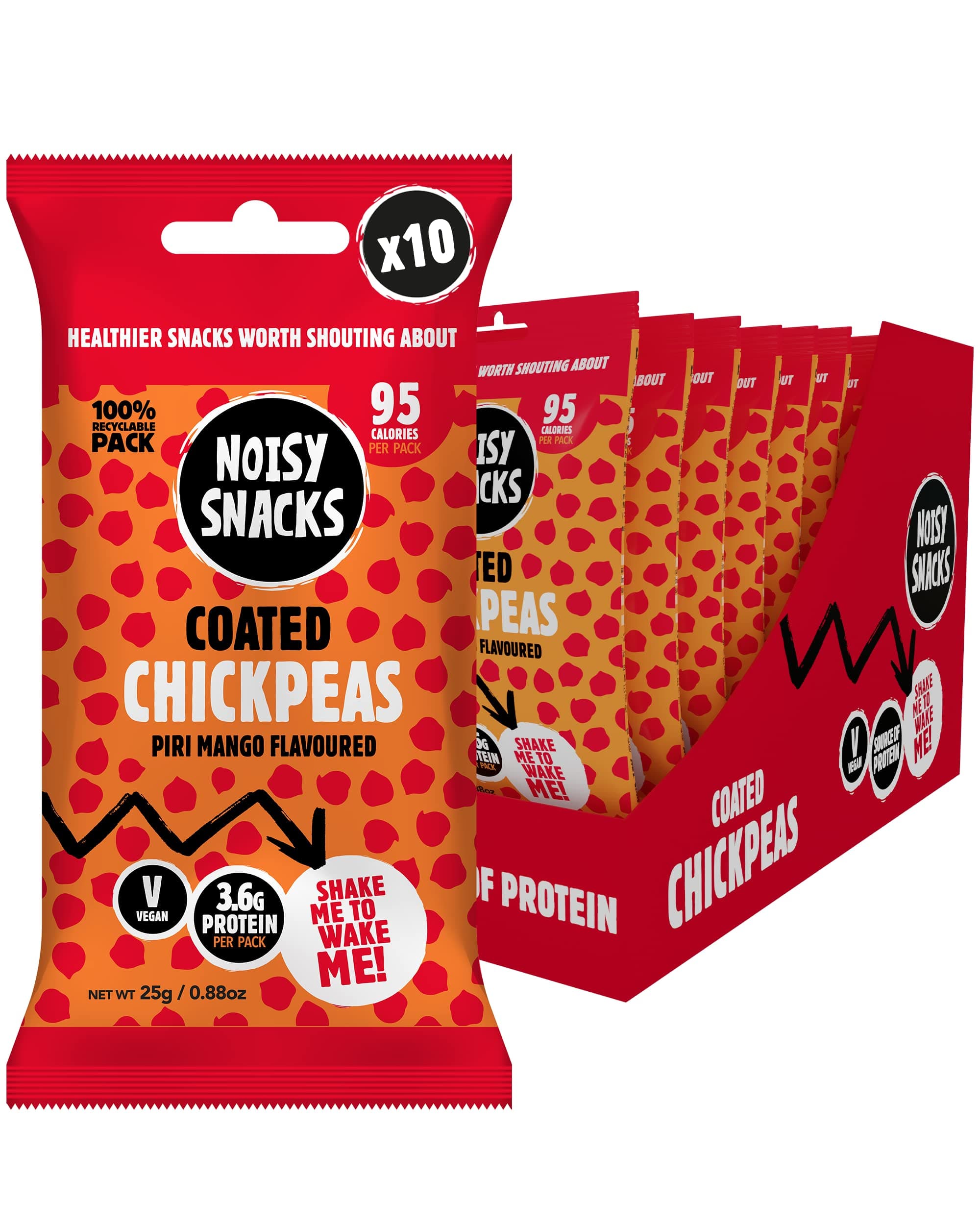 Noisy Snacks - Piri Mango Coated Chickpeas, Full of Flavour, Hints of Paprika Herbs and Lemon, Healthy Low-Calorie Snack, High Portein and Fibre, Vegan Friendly, Palm Oil Free 10 x 25g Recyclable