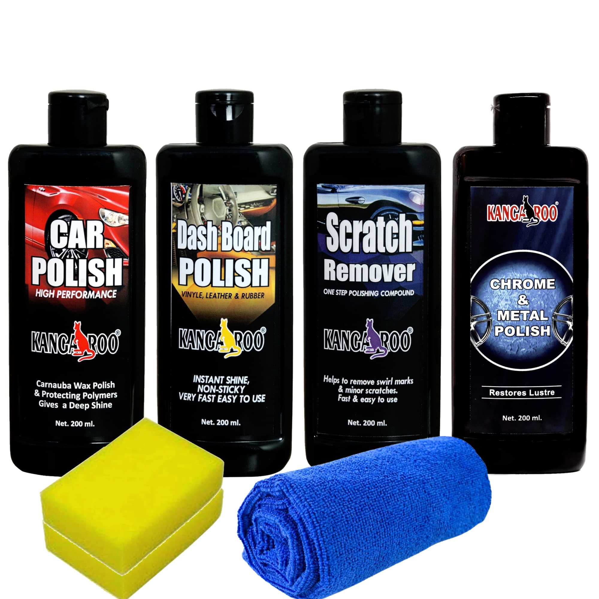 Kangaroo® Car Care Kit (Car Polish + Dashboard Polish + Scratch Remover + Chrome Metal Polish) 200 ML Each + 2 Sponge and 1 Microfiber Towel Fast and Easy to Use X3