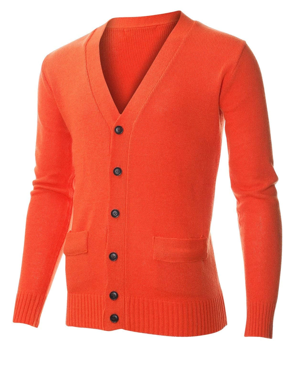 FLATSEVEN Mens Classic V-Neck Long Sleeve Lambswool Blend Sweater Cardigan (C400) Orange, US L/Asia XL