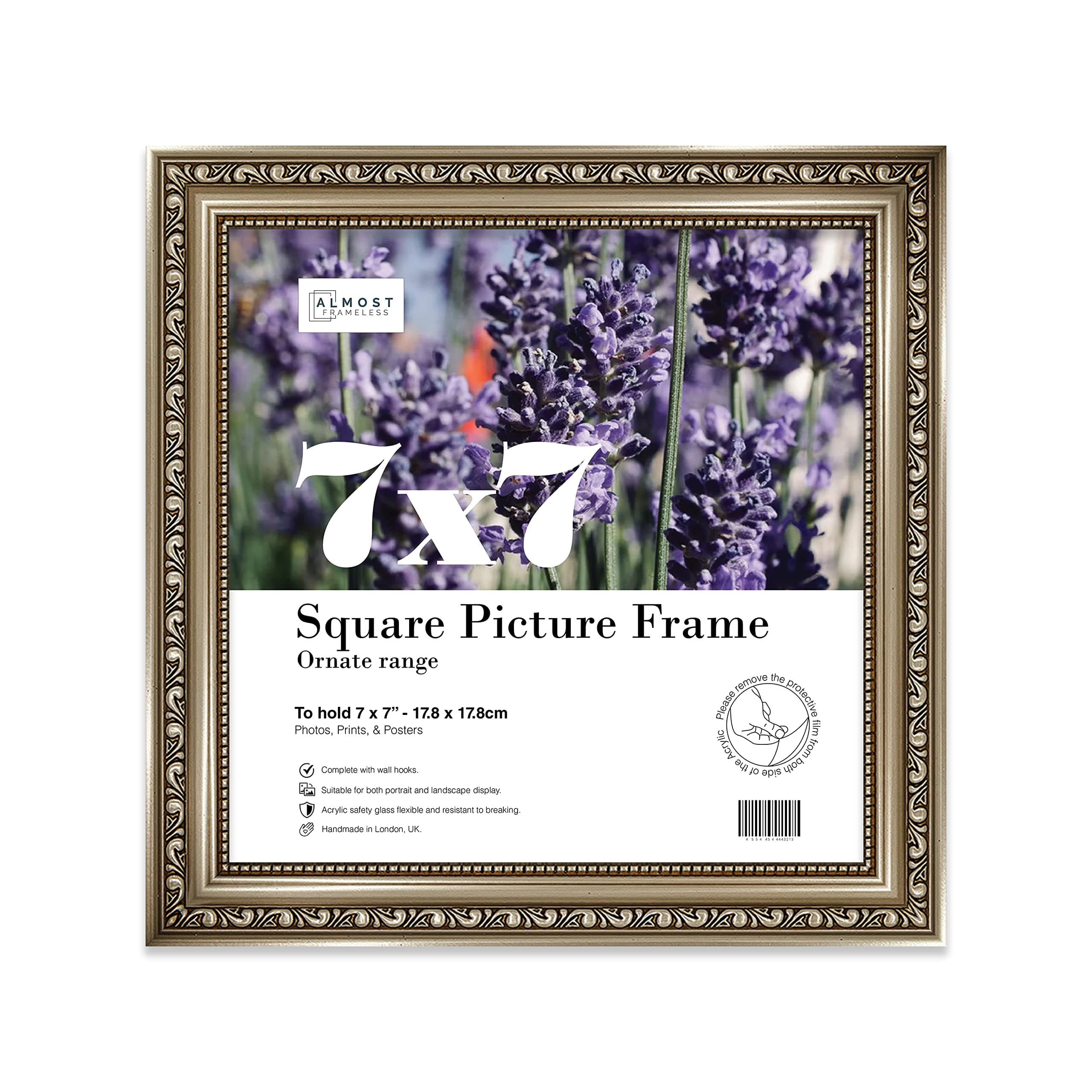 7x7 Gunmetal Ornate Picture Frame 7"x7" (17.8x17.8cm) Poster, Photo, Artwork, or Print. Antique Style Portrait and Landscape Display with Wall Hooks