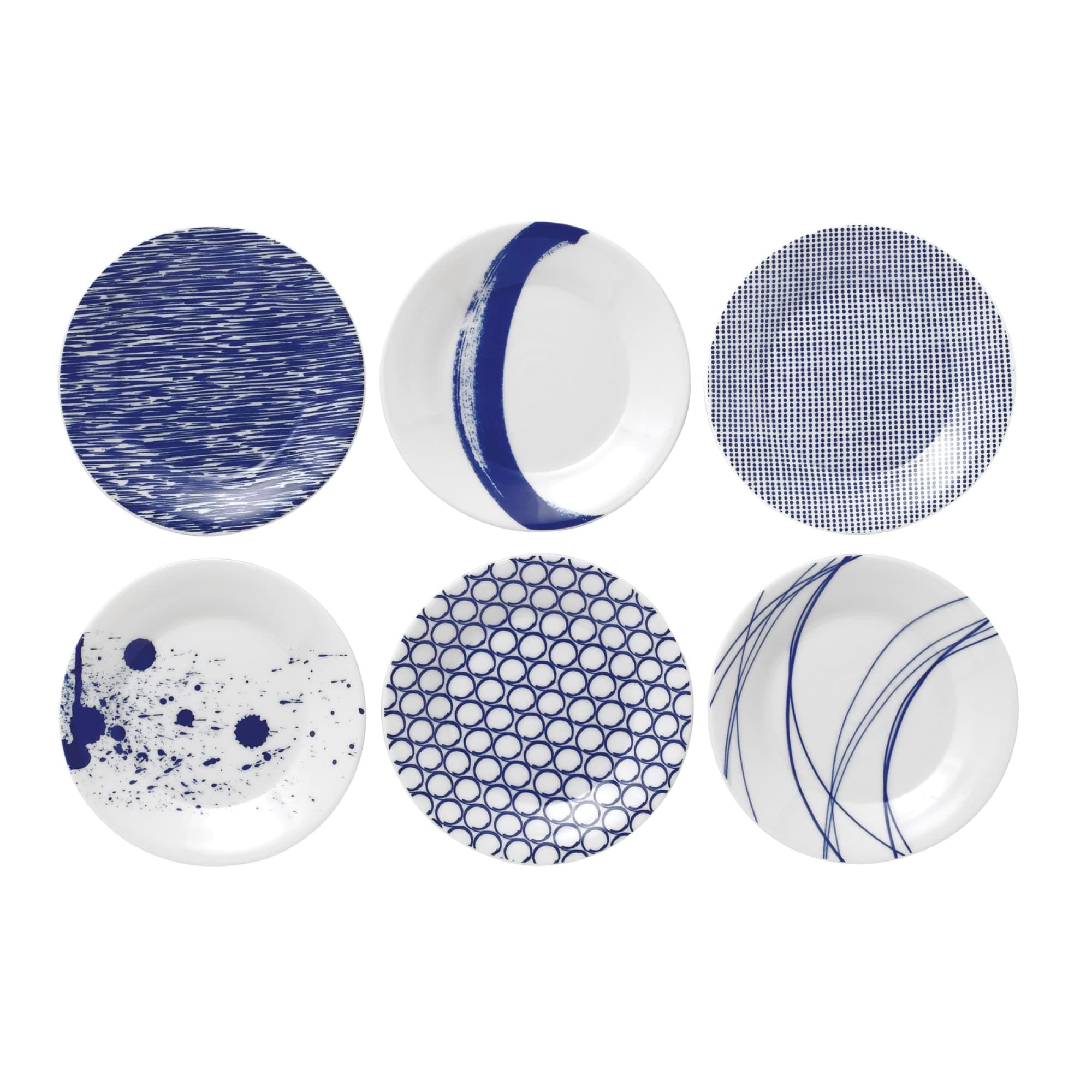 Pacific Mixed Patterns Tapas Plates Set of 6, Blue/White, 6.3"
