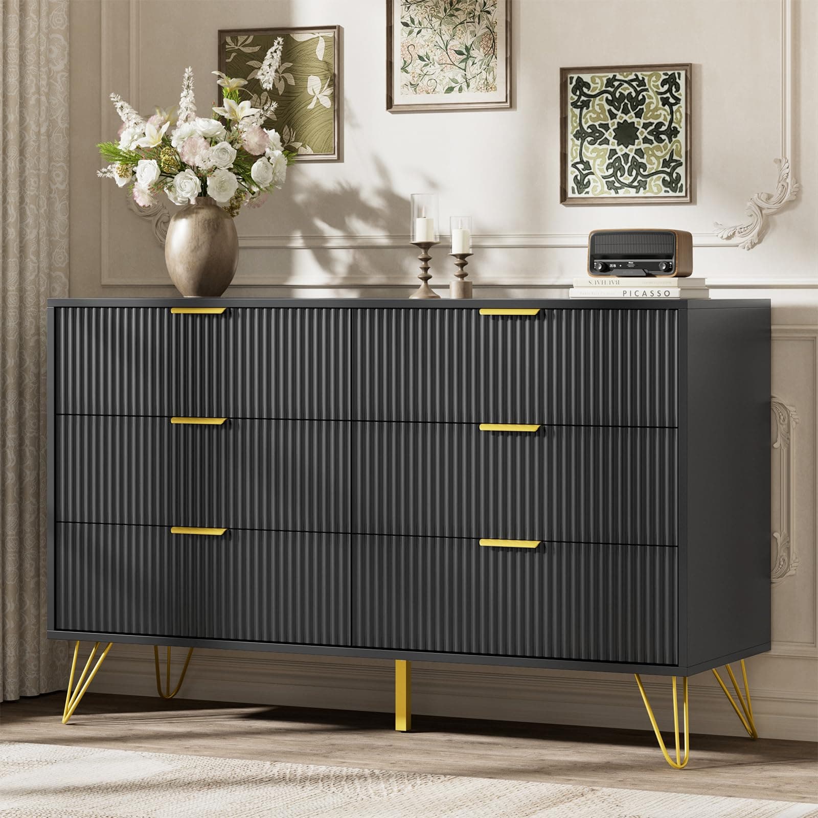 LYNSOM Fluted Dresser for Bedroom, Modern 6 Drawer Black Dresser with Metal Handles and Wide Drawer, Wood Chest of Drawers for Living Room