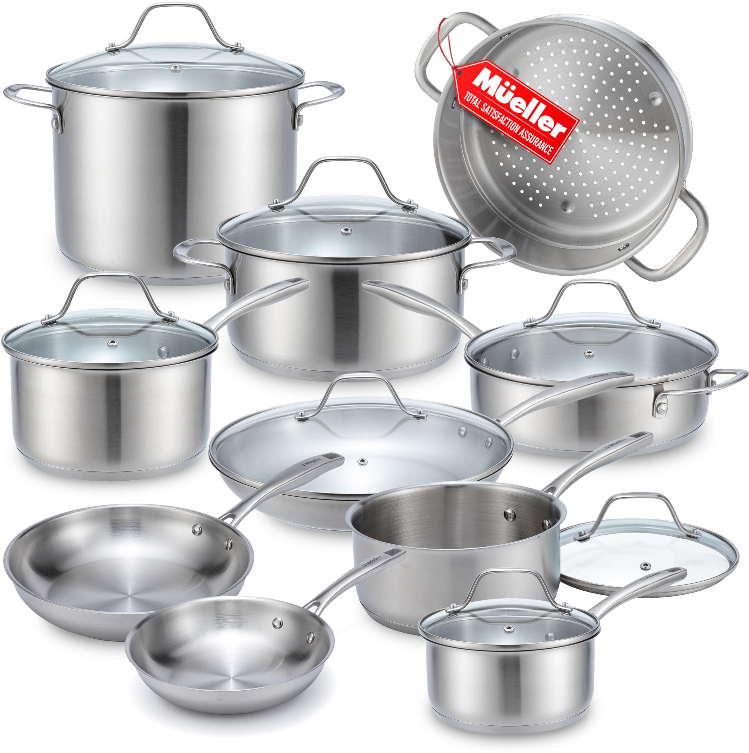 17-Piece Stainless Steel Pots and Pans Set – Tri-Ply Ultra-Clad Pro Cookware Set, Induction Ready, Oven Safe, Even-Heat Aluminum Core, Includes Skillets, Saucepans, Dutch Oven, Stockpot