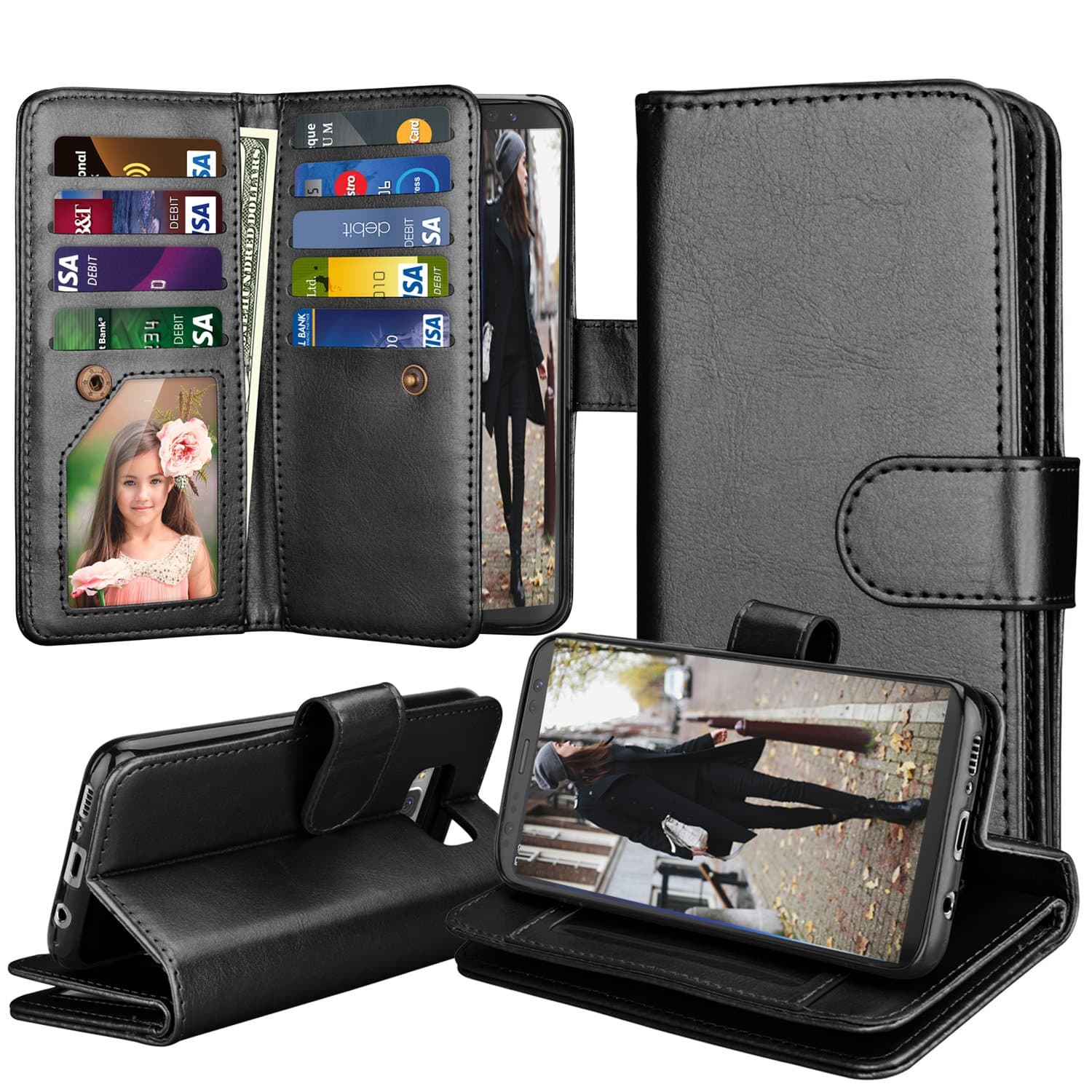 TinysaturnSamsung Galaxy S8 Wallet Case, Samsung S8 Case Wallet Case PU Leather Wallet Magnetic Flip Kickstand Protective with 9 Card Holder Cover Detachable Case for Galaxy S8-Black