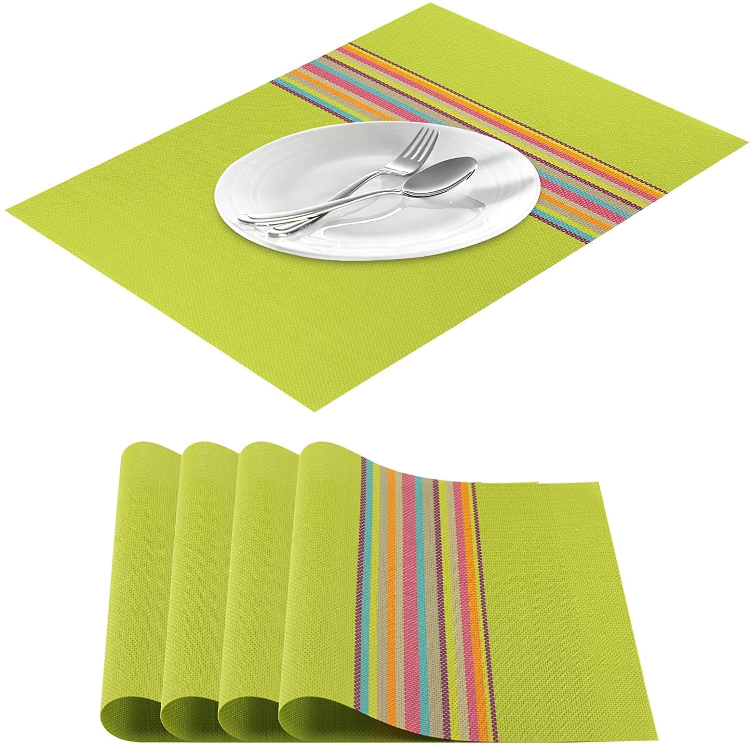 Striped Design PVC Insulation Anti-skidding Dining Room Placemat- Dining Room Placemats for Table Heat Insulation Anti-skid Stain-resistant Simple Style Eat Mat - Set of 4 (Rainbow-Green)