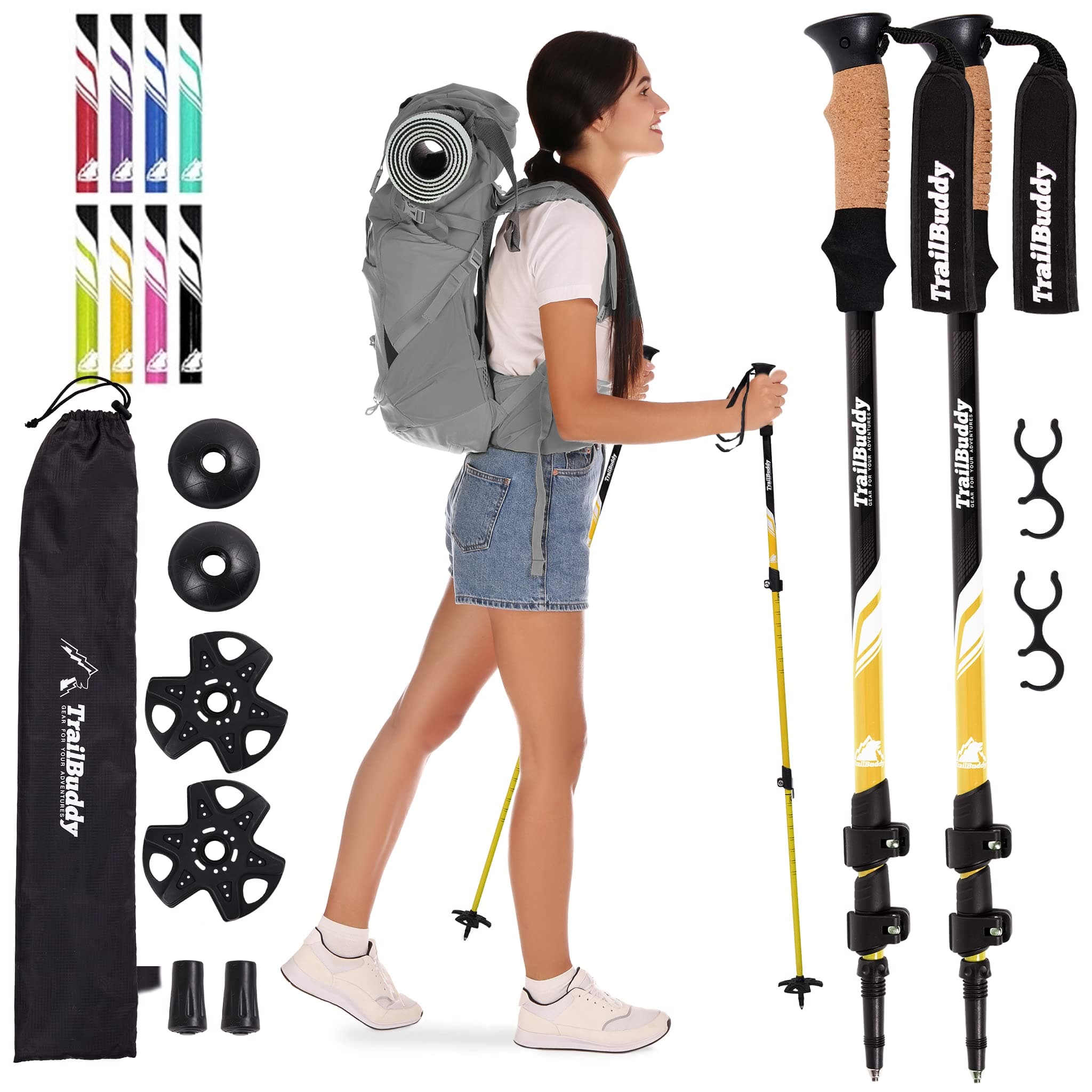TrailBuddy Trekking Poles - Lightweight, Collapsible Hiking Poles for Backpacking Gear - Pair of 2 Walking Sticks for Hiking, 7075 Aluminum with Cork Grip