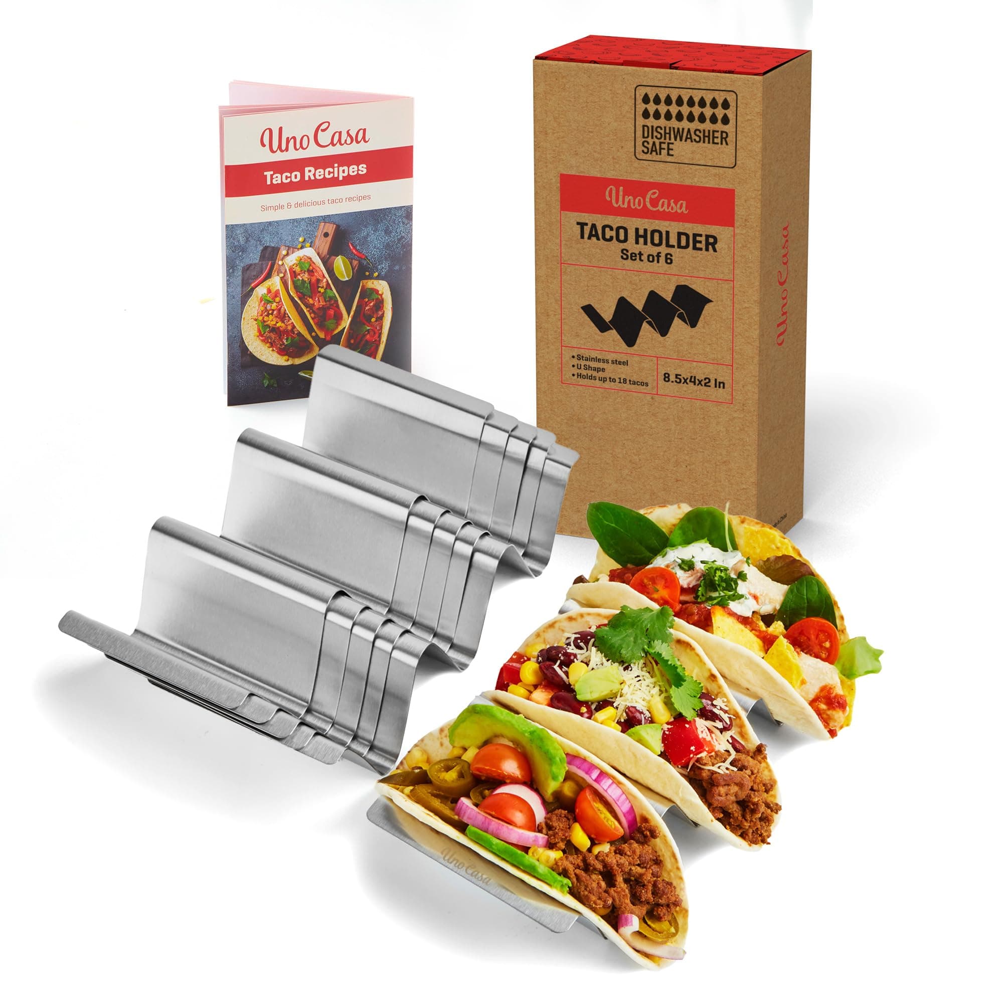 Uno Casa Metal Taco Holder Set of 6 - U-Shaped Taco Holders for Griddle - Stainless Steel, Dishwasher Safe, Suitable for Oven - Perfect for Party & Fun Gatherings - Recipe Book Included