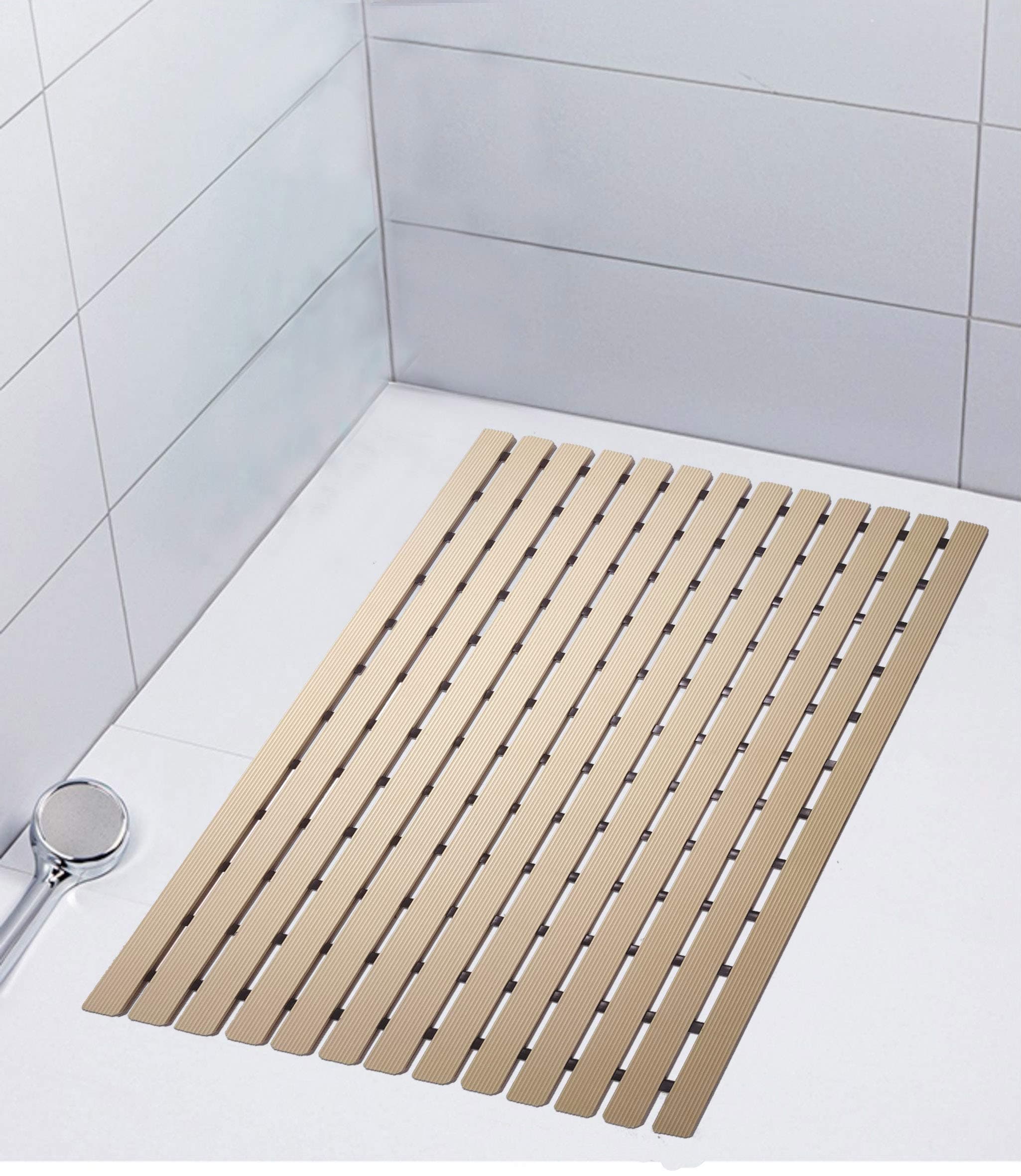 Eurotex Rectangular Shower Mat Non Slip for Bathroom, Anti Skid Bathtub Mat (Plastic Stripped- Rubber Base, 46cm x 61cm)- Beige