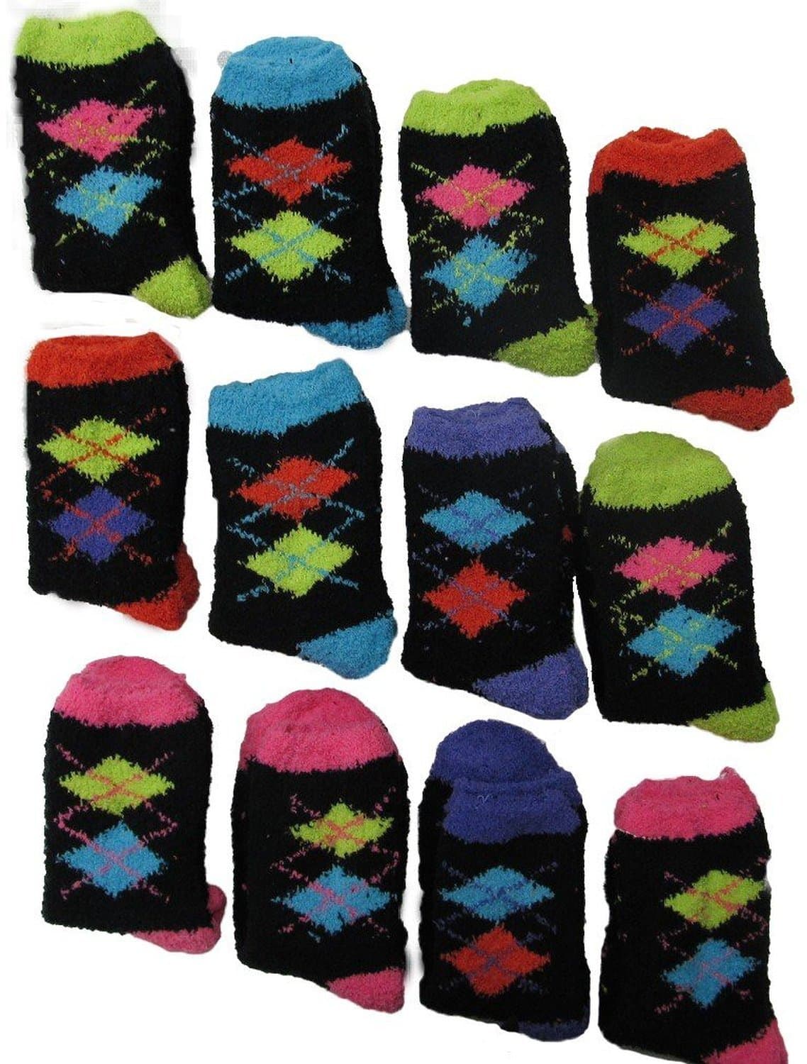 Argyle Soft & Fuzzy Socks, Size 9-11, Crew Length 12 pack