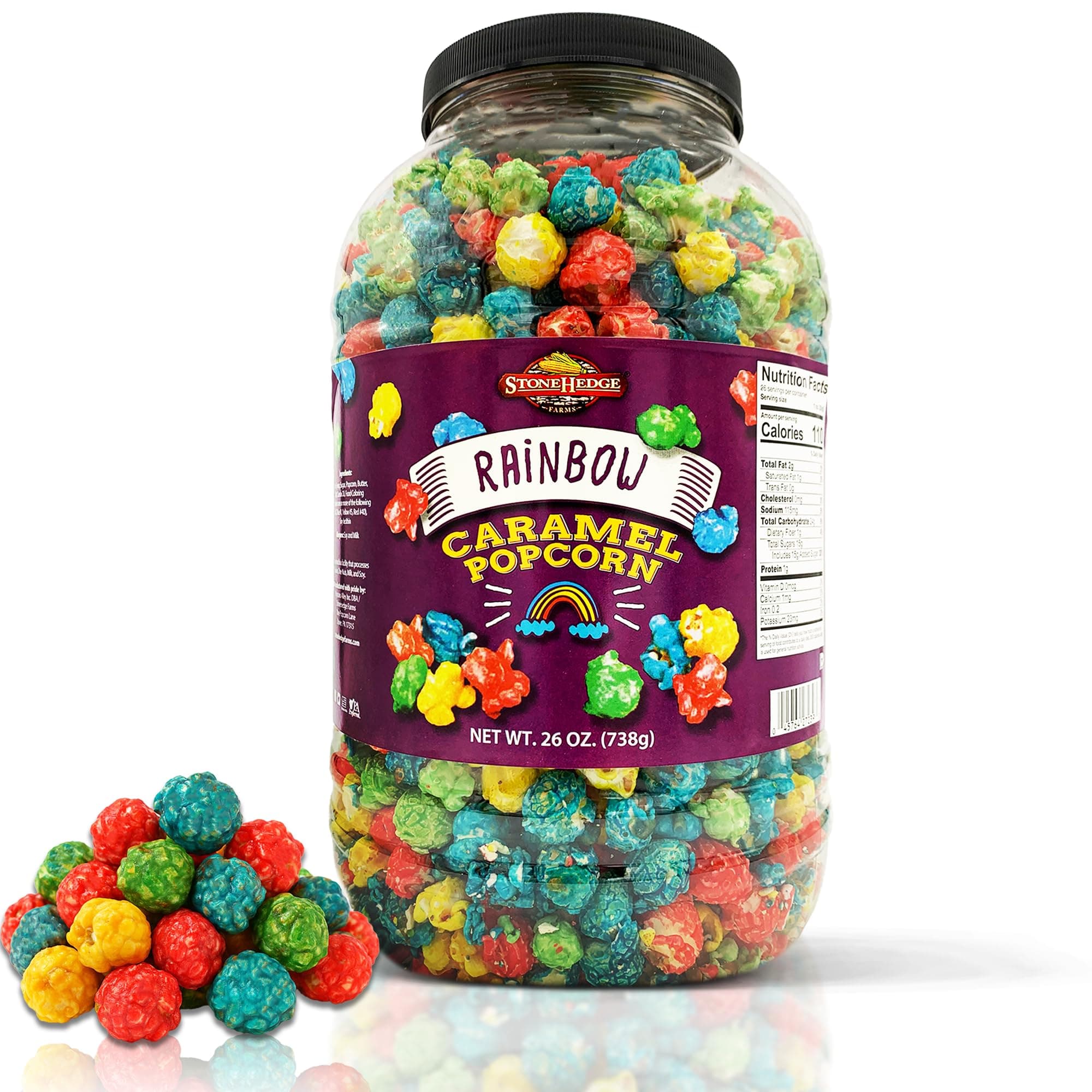 Stonehedge Farms Rainbow Caramel Flavored Popcorn | 26 oz Large Tub l | Red, Yellow, Green and Blue | Colorful Gourmet Carmel Popped Pop corn | Bulk Shareable Gift