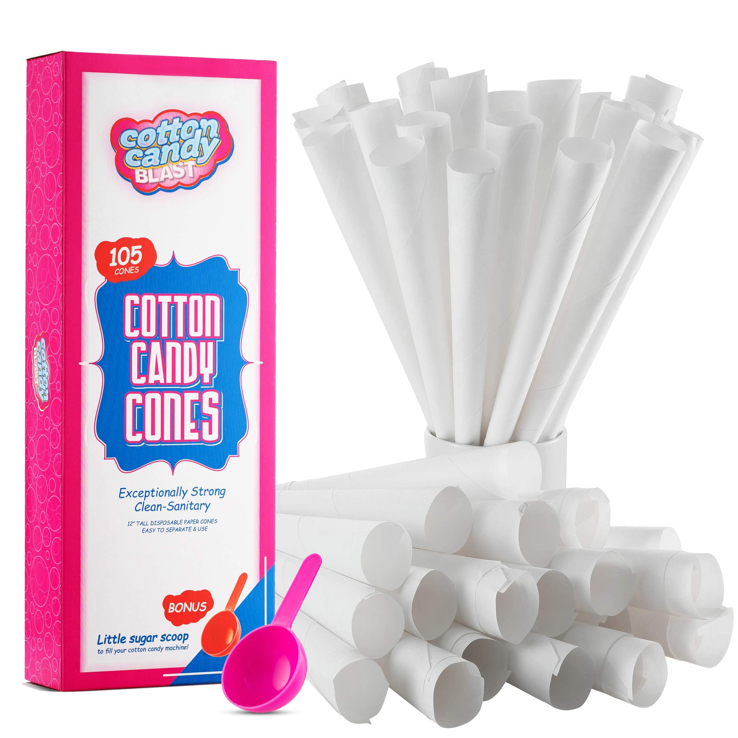 Cotton Candy Cones with Bonus Little Sugar Scoop For Easy Pouring, 105 Cotton Candy Paper Cones, White