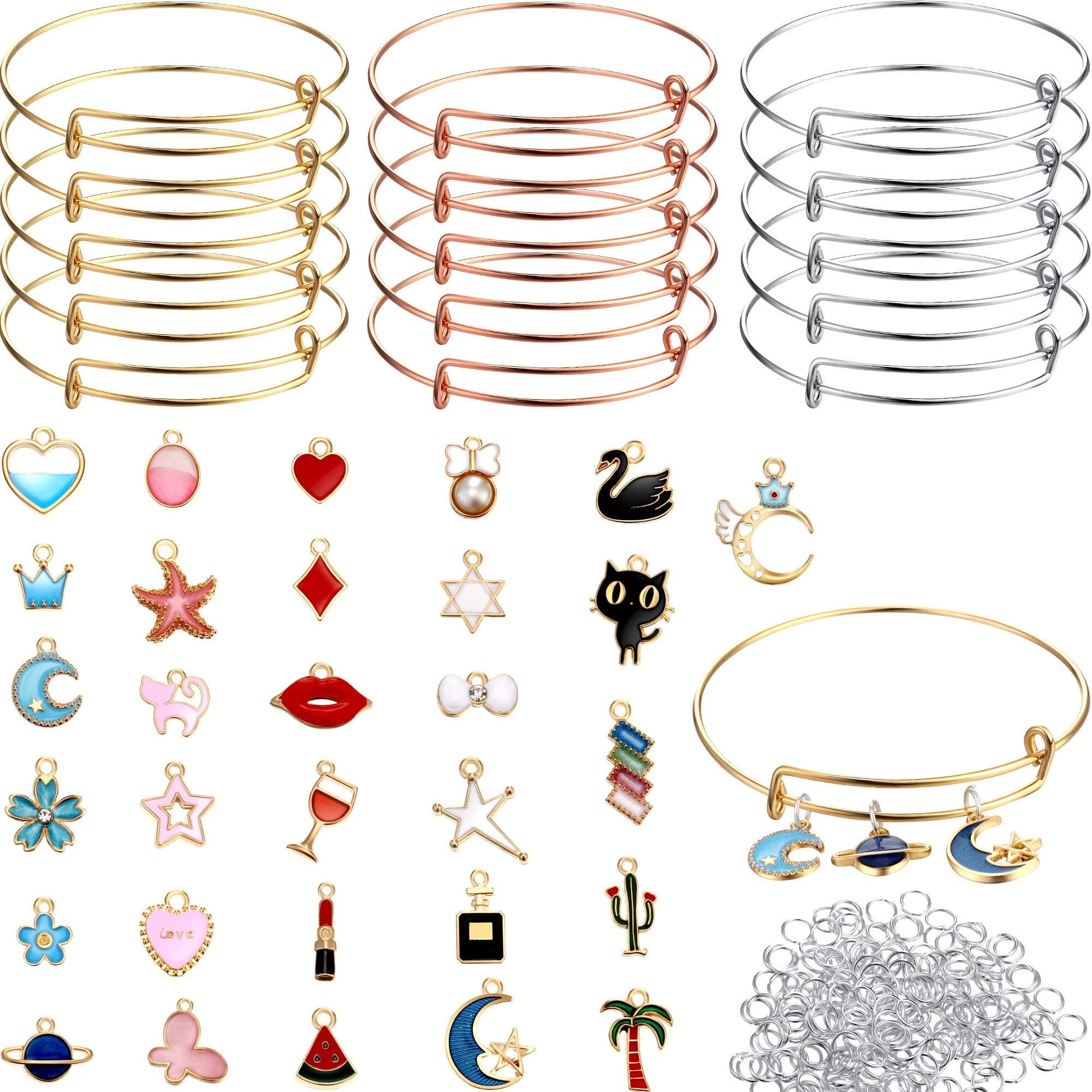 45 DIY Gold Charm Pendant Assorted with Expandable Bangle Adjustable Wire Bracelets for DIY Craft Jewelry Making, Extra 200 Pack Open Ring