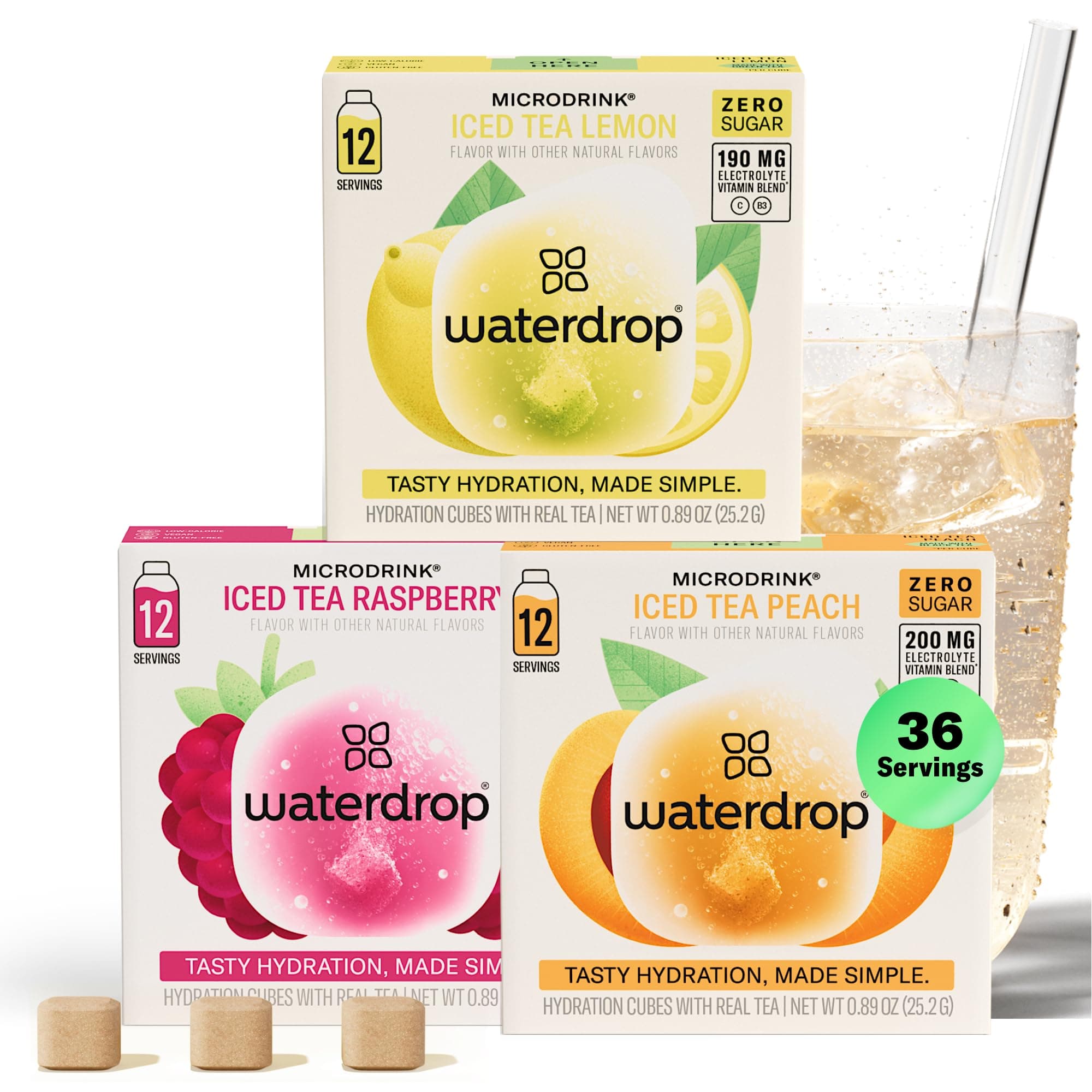 Waterdrop Hydration Cubes With Vitamin C, B Vitamins and Electrolytes, 3 Iced Tea Flavor Electrolyte Variety Pack, Flavored Water Enhancer Cubes for Still & Sparkling Water, Sugar Free, 36 Count