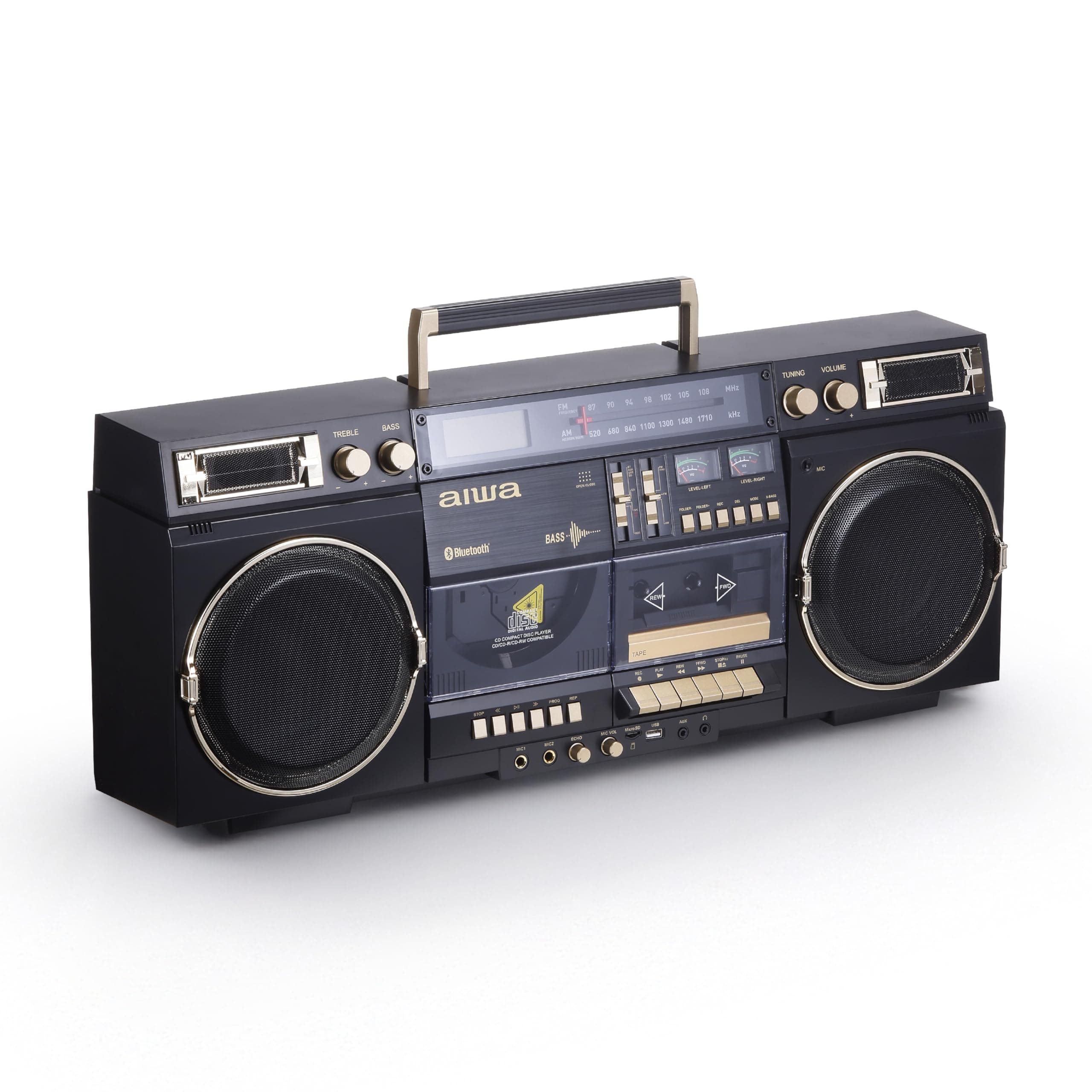 Retro Boombox BackTrack CD Player with Cassette Recording, Bluetooth 5.0, FM/AM Radio, USB/SD/AUX Inputs, VU Meters, LCD Display, Dual 40W Speakers (Black and Gold)