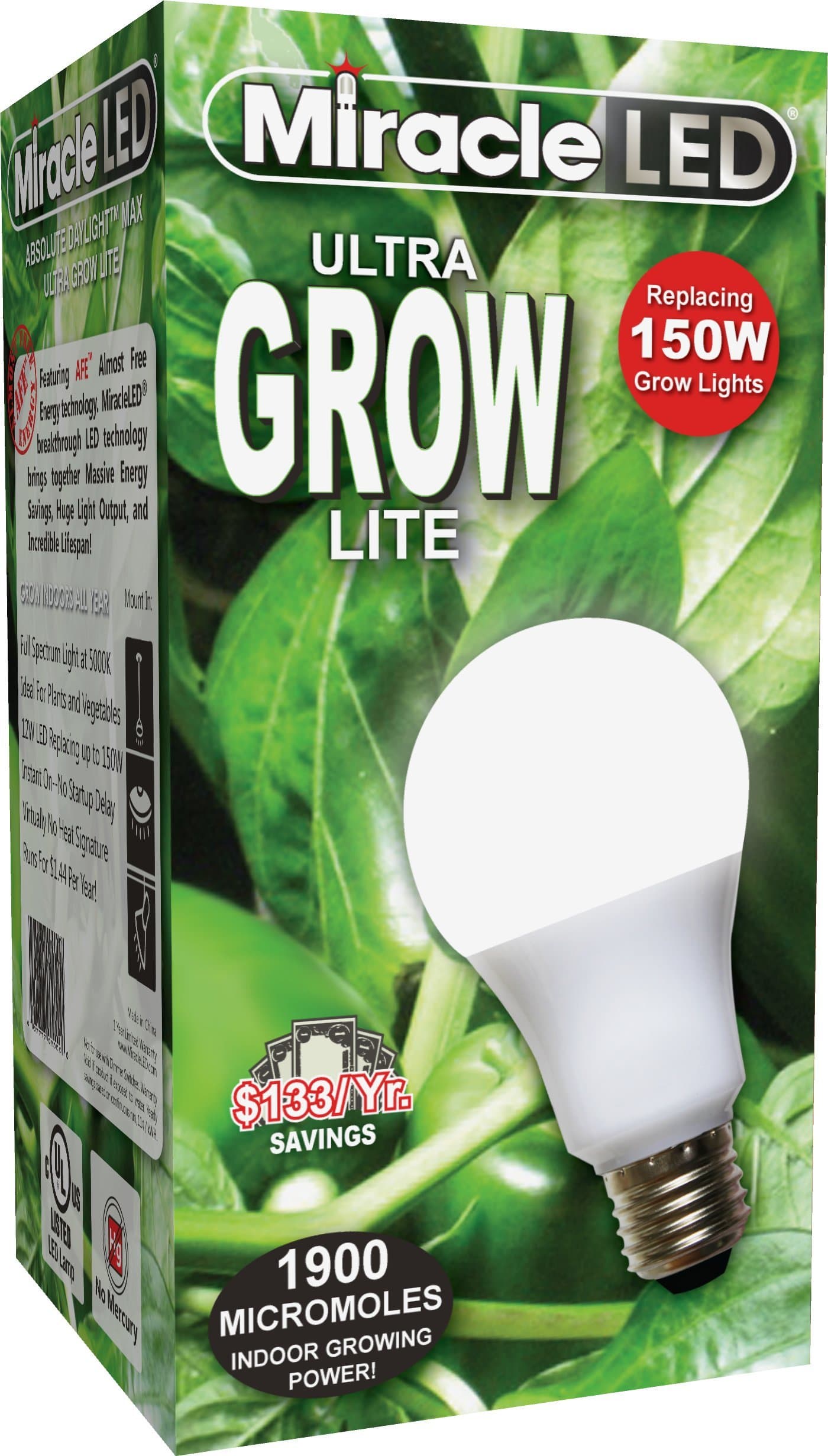 Commercial Hydroponic Ultra Grow Lite - Replaces up to 150W - Daylight White Full Spectrum LED Indoor Plant Growing Light Bulb For DIY Horticulture & Indoor Gardening (605188)