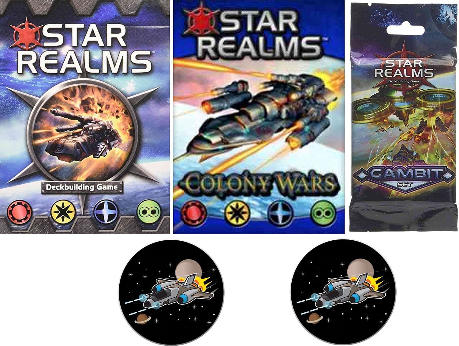Star Realms Bundle of Base Game, Colony Wars Deck, the Gambit Set Plus 2 Star Fighter Buttons
