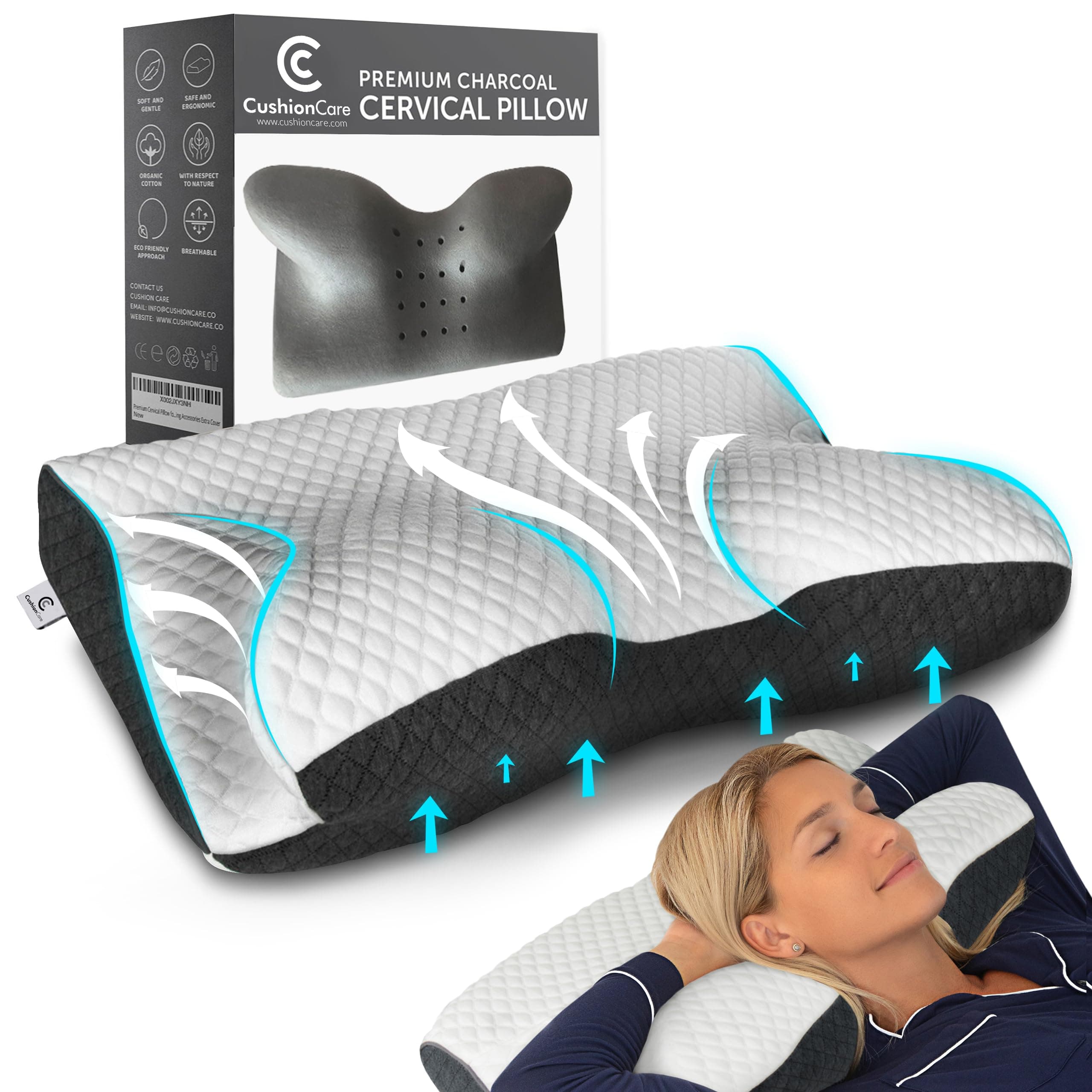 Bamboo Charcoal Cervical Neck Pillow for Pain Relief Sleeping – Ventilated Memory Foam - Orthopedic Contour Pillow for Side, Back, Stomach Sleeper - Ergonomic Arm, Neck and Shoulder Support Pillows