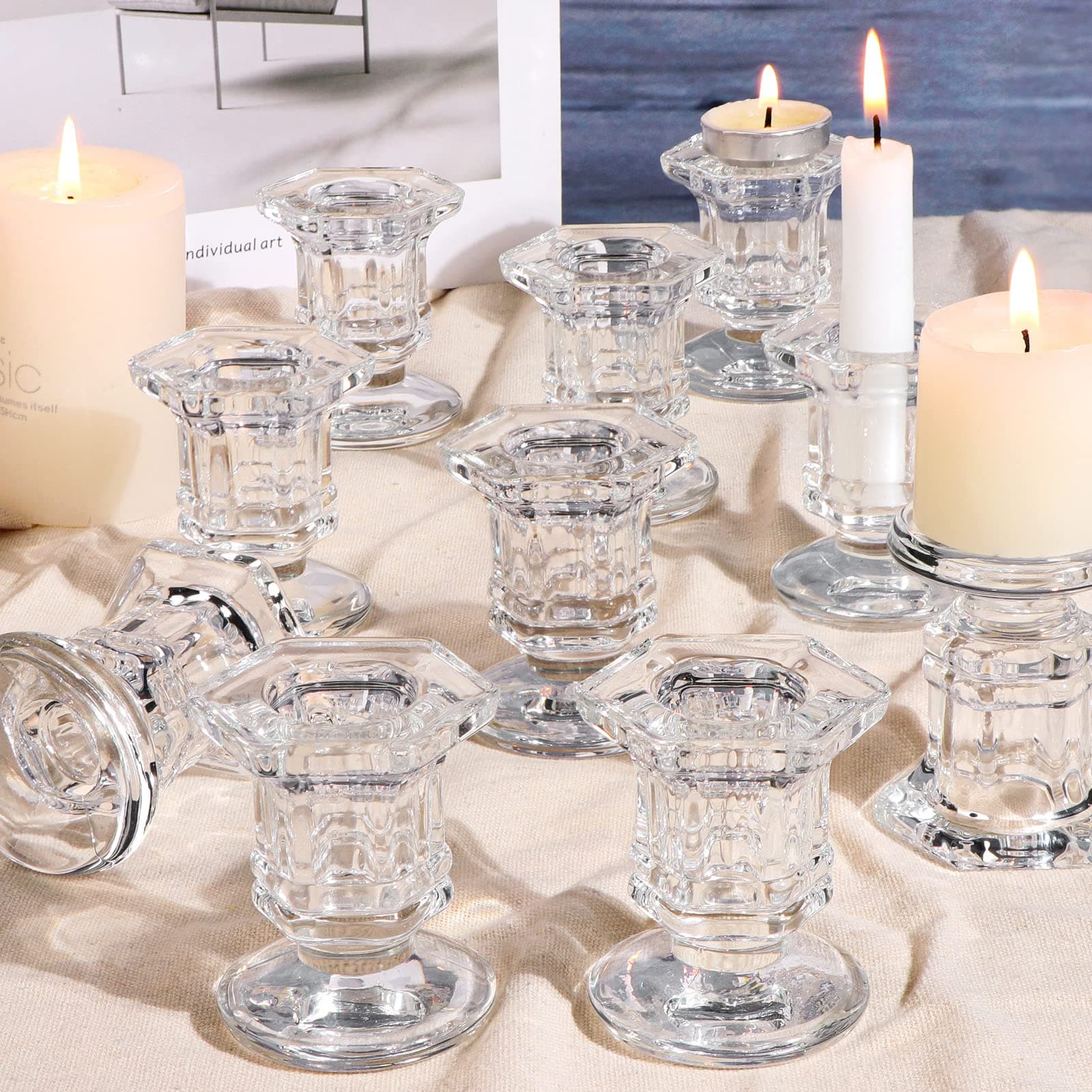 Candlestick Holders Bulk, 12 Pcs Glass Candle Holders Set Clear, Crystal Taper Candle Holder for Wedding, Table Centerpiece, Home Decoration