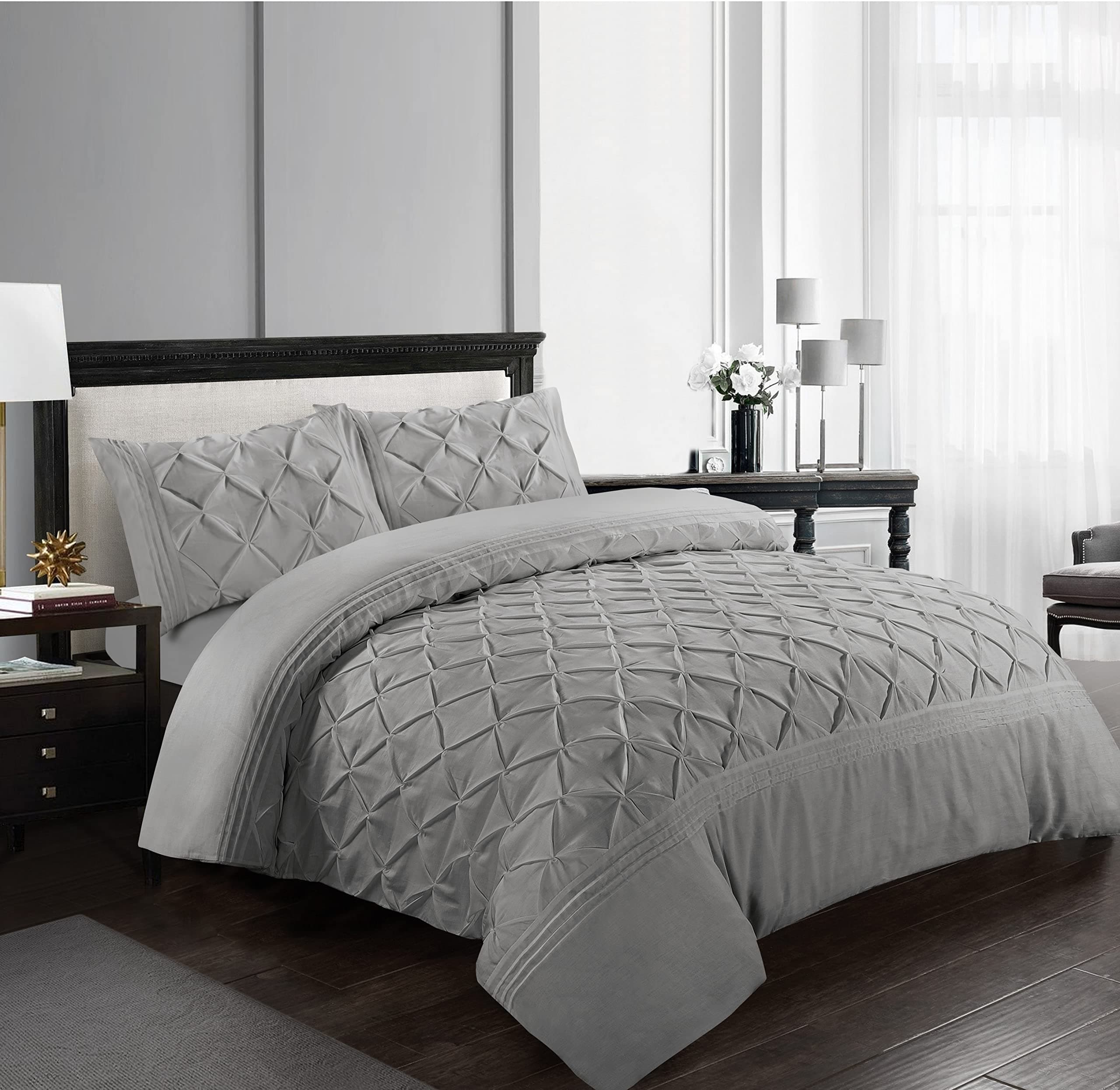 Pintuck Duvet Cover Set with Pillowcases 100% Microfiber Quilt Covers White/Grey/Charcoal/Pink Bedding Bed Sets Double King Super King Size (Grey, King)