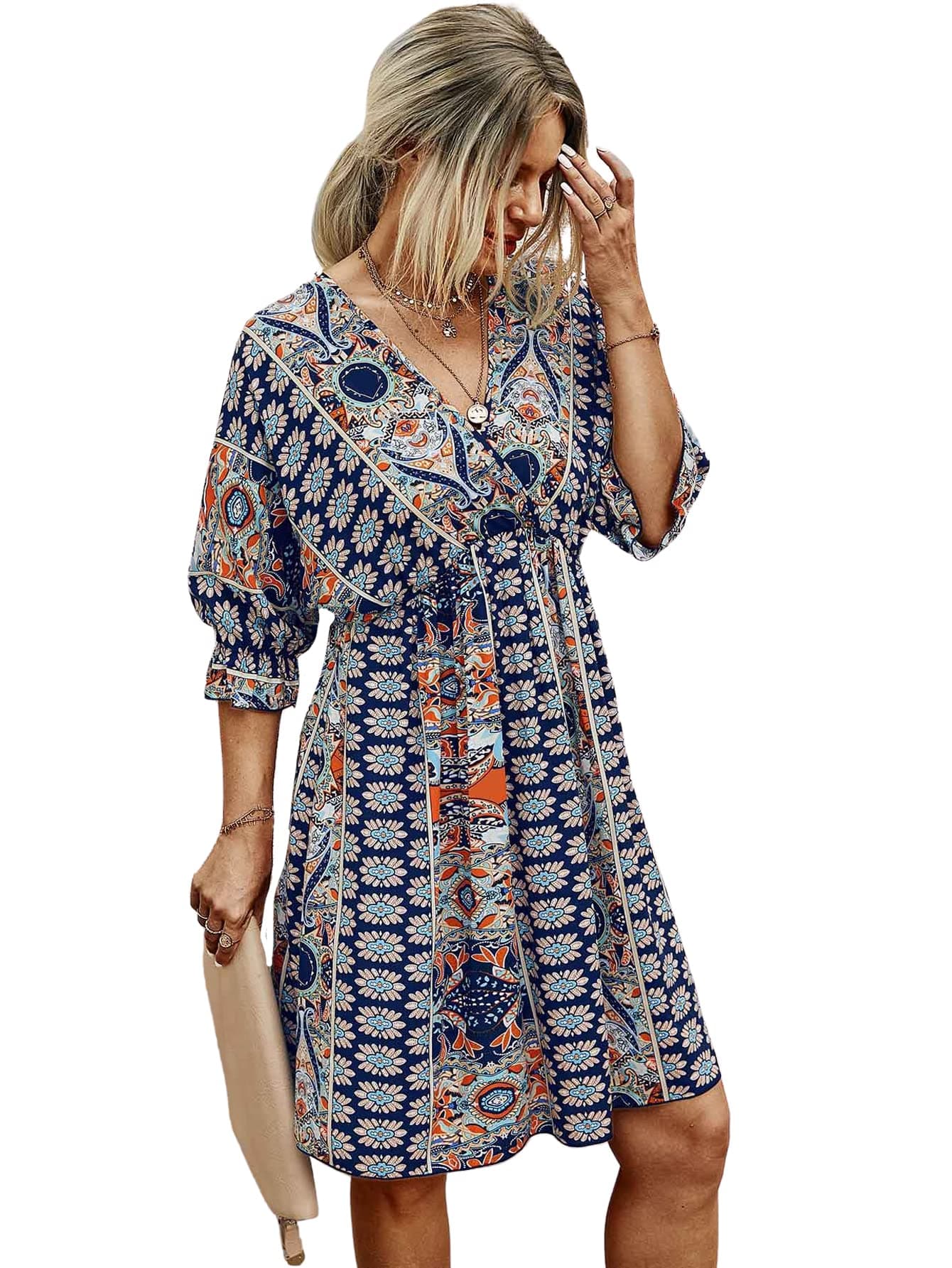 Romwe Women's Boho Tribal Print Short Sleeve V Neck Tie Back Summer Shift Dress
