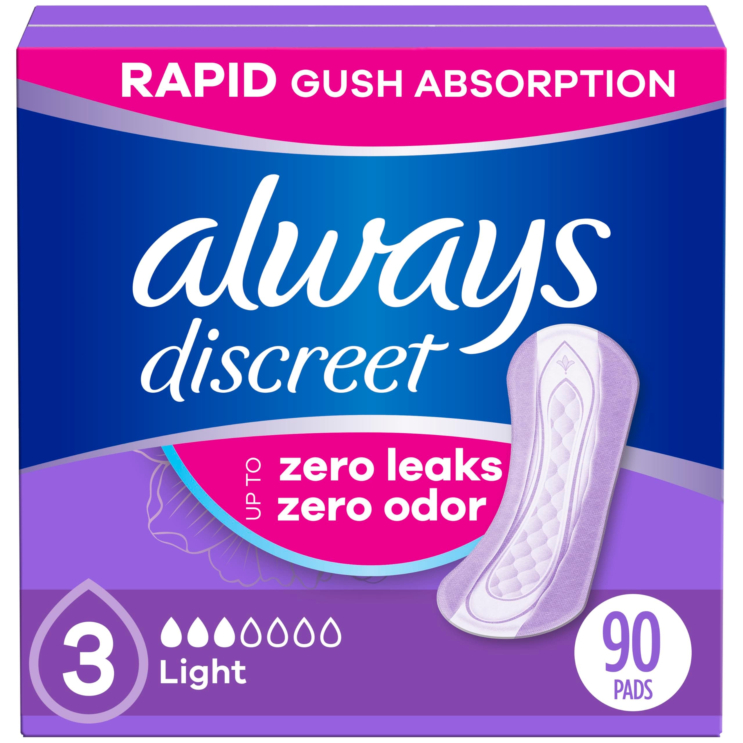 Always Discreet Incontinence & Postpartum Incontinence Pads for Women, 90 Count, Light Absorbency (30 Count, Pack of 3-90 Count Total)