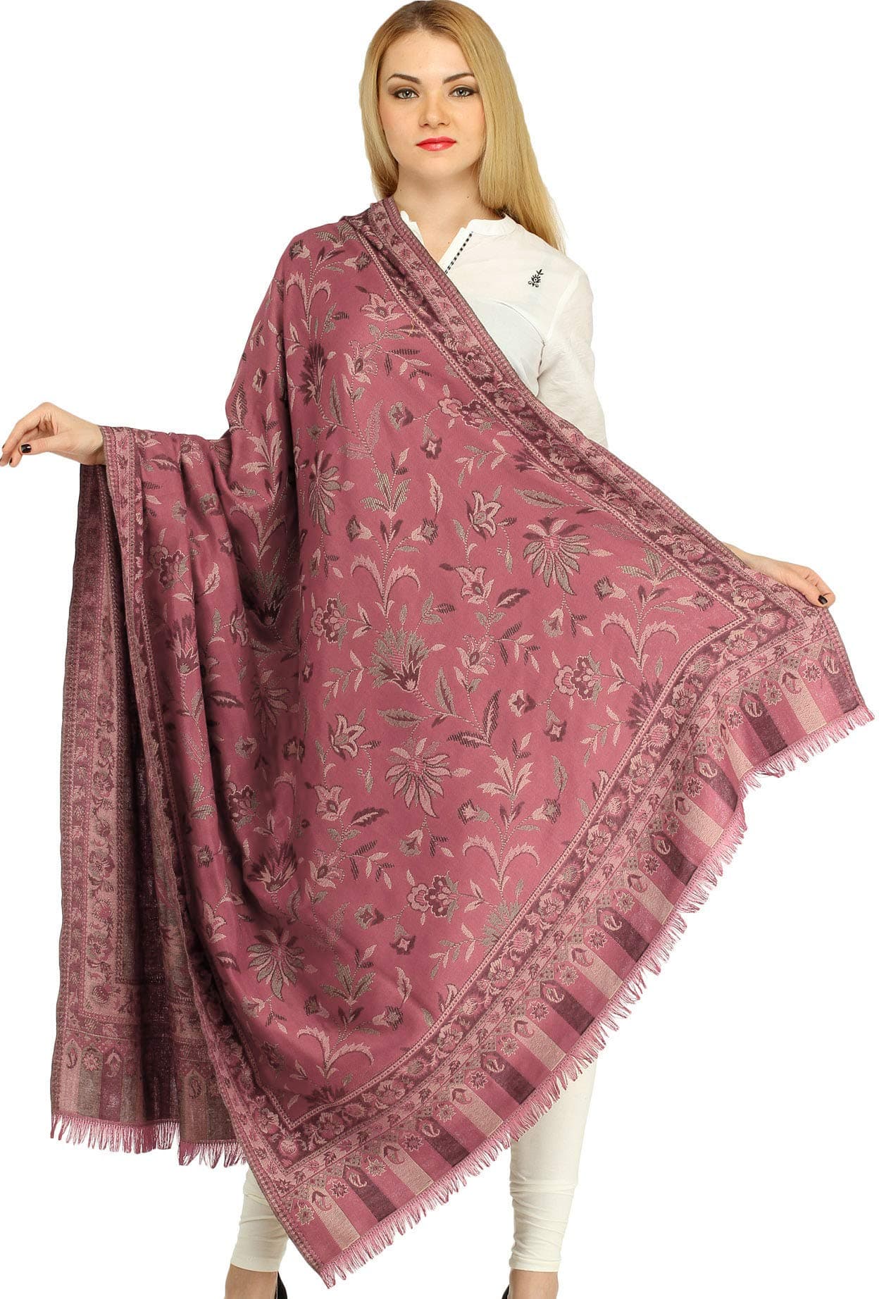 Exotic IndiaReversible Jamawar Shawl from Amritsar with Woven Flowers