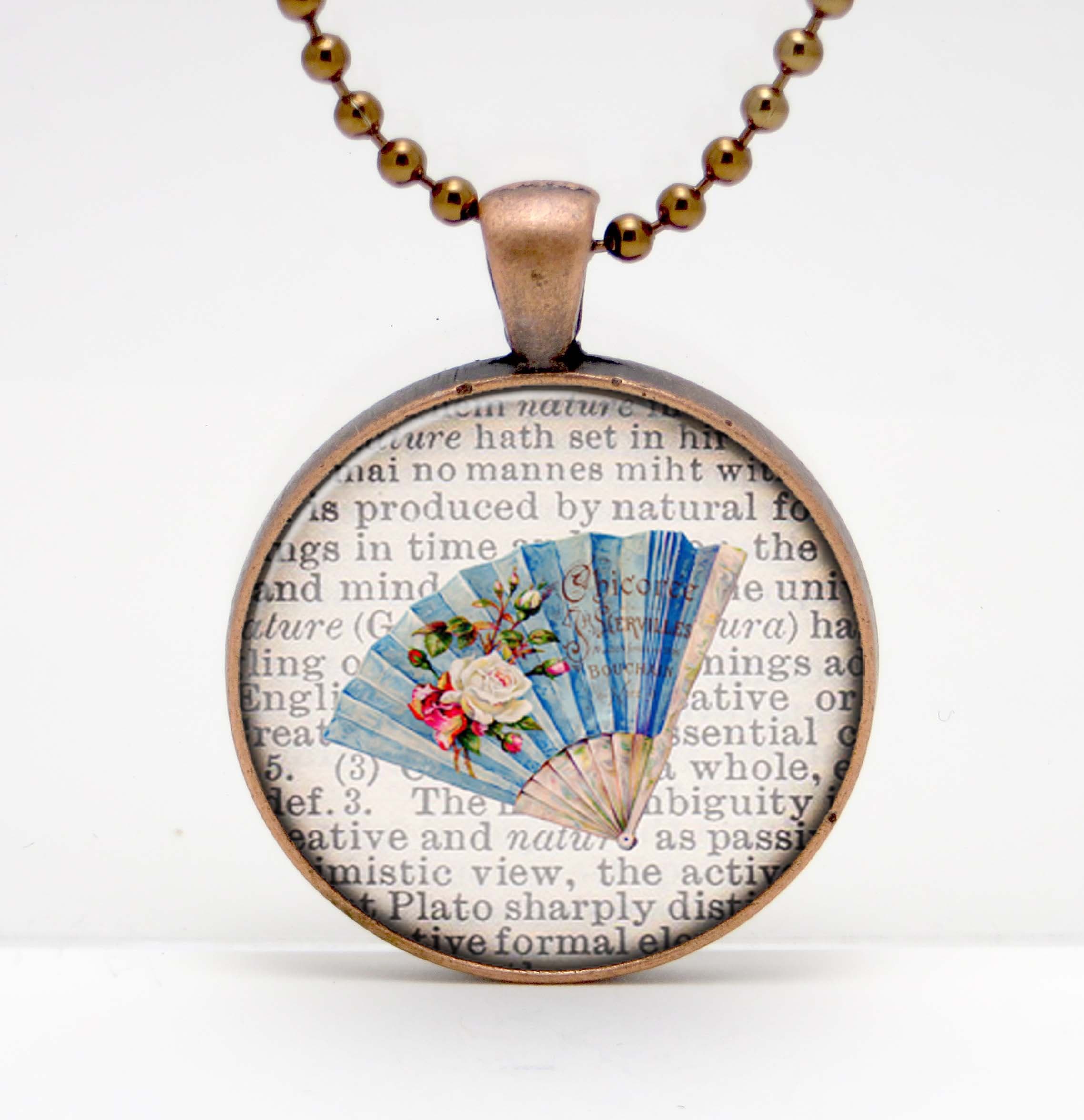 Fan with Flowers on a Dictionary Page Background Art Glass Pendant or Key Chain- 30 mm round- Chain Included- Made to Order