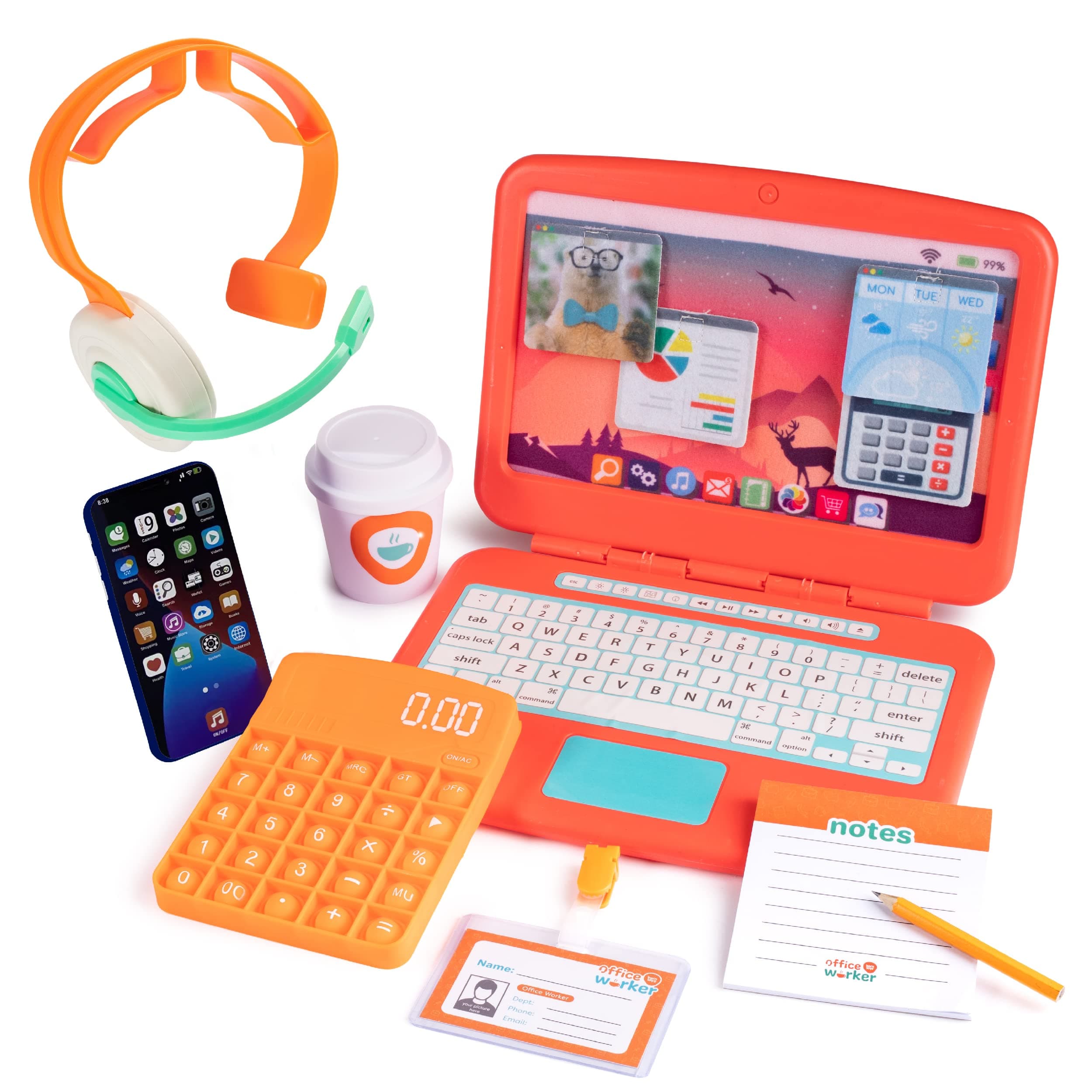 Born Toys Pretend Play Home Office Set for Ages 3-7 - Includes Toy Laptop, Phone, Calculator, Pop It & Headset