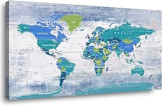 World Map Pictures Canvas Wall Art for Living Room Bedroom or Bathroom Wall Decor,Wall Map Wall Art Print Paitnings for Home Decor,World Map Waterproof Stretched Ready to Hang-20x40inches