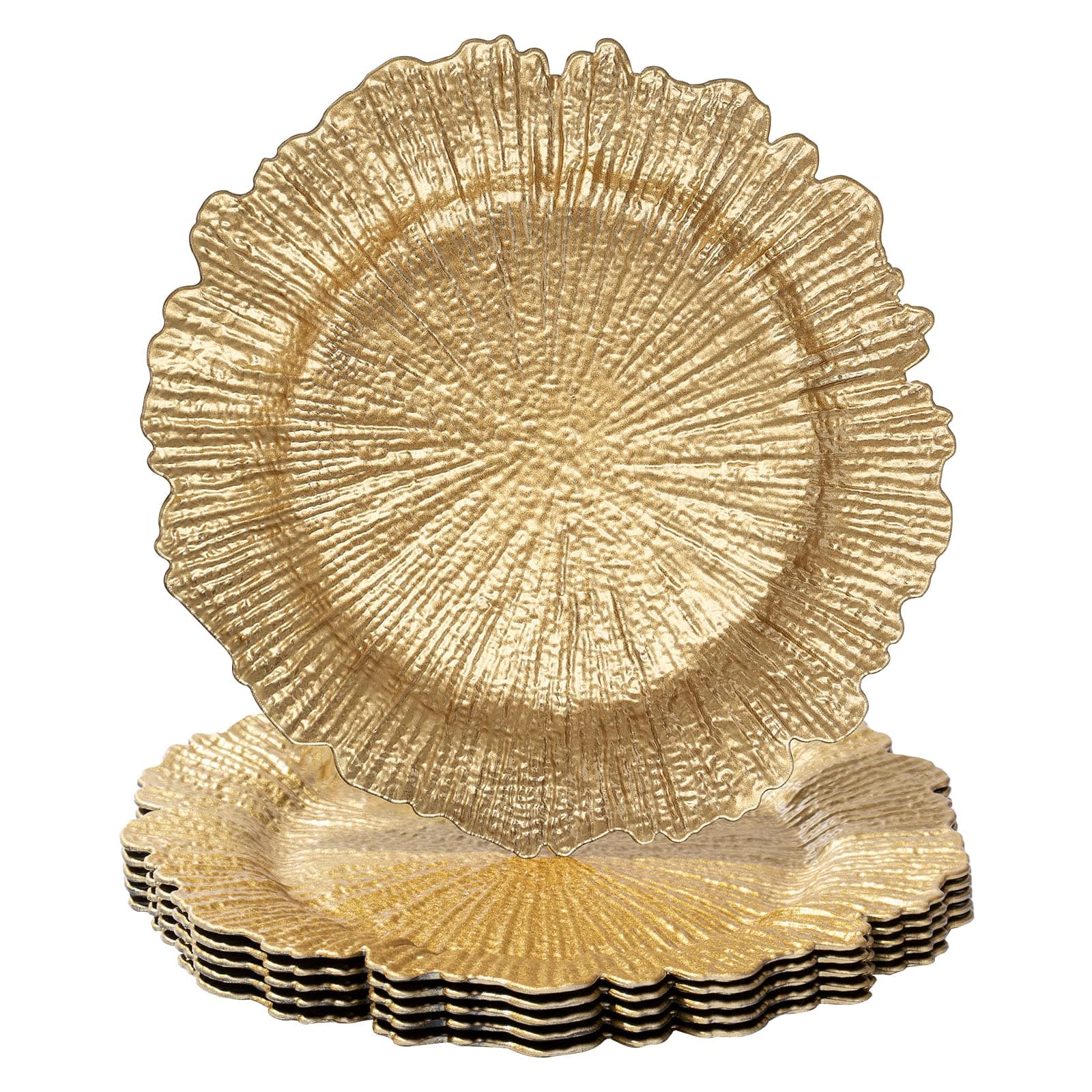 MAONAME Round 13" Gold Charger Plates, Set of 6, Reef Plate Chargers for Dinner Plates, Plastic Table Chargers for Wedding, Thanksgiving, Christmas